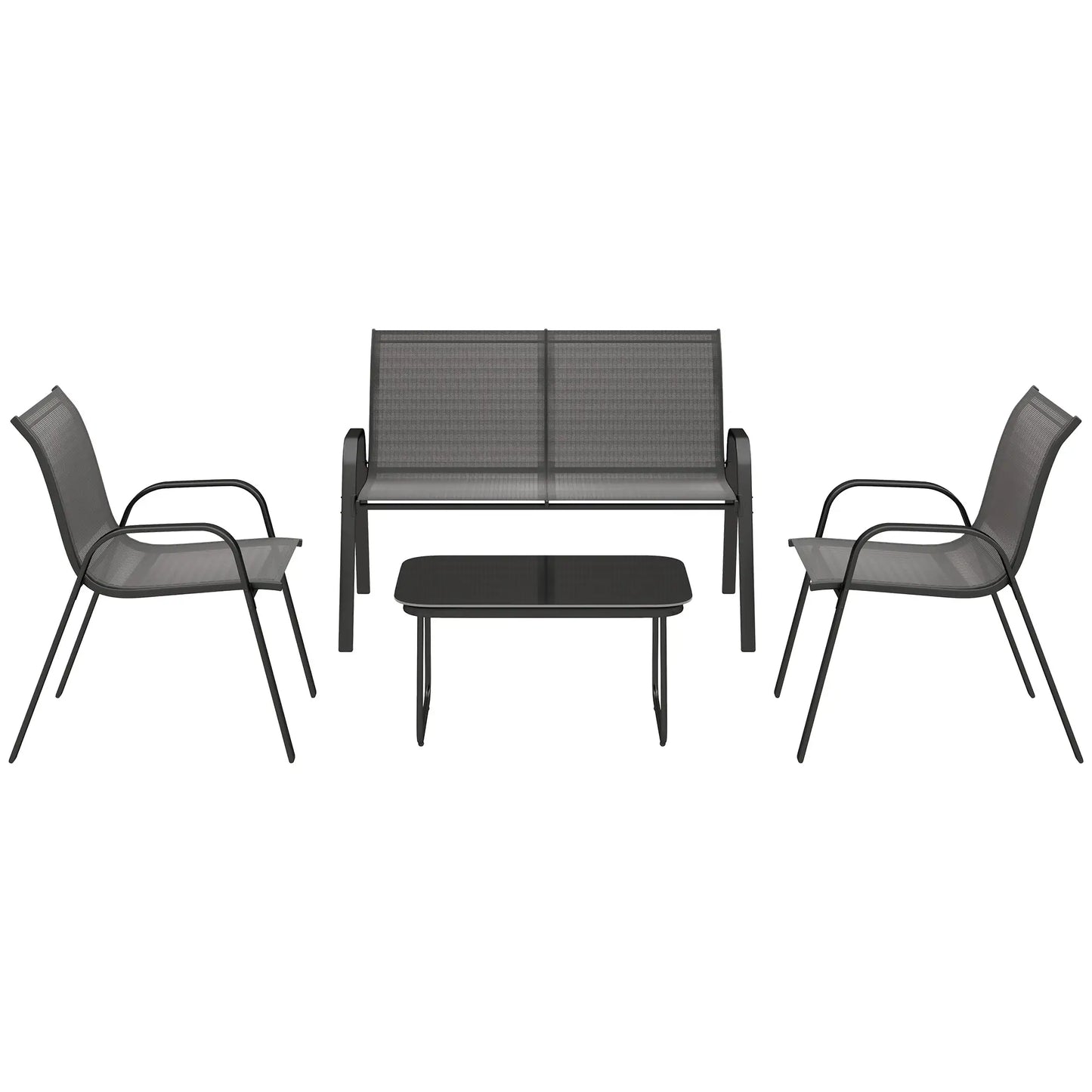 4-Piece Outdoor Furniture Set, 2 Stackable Chairs, Loveseat, Glass Coffee Table, Black Patio Furniture Sets Black at Gallery Canada