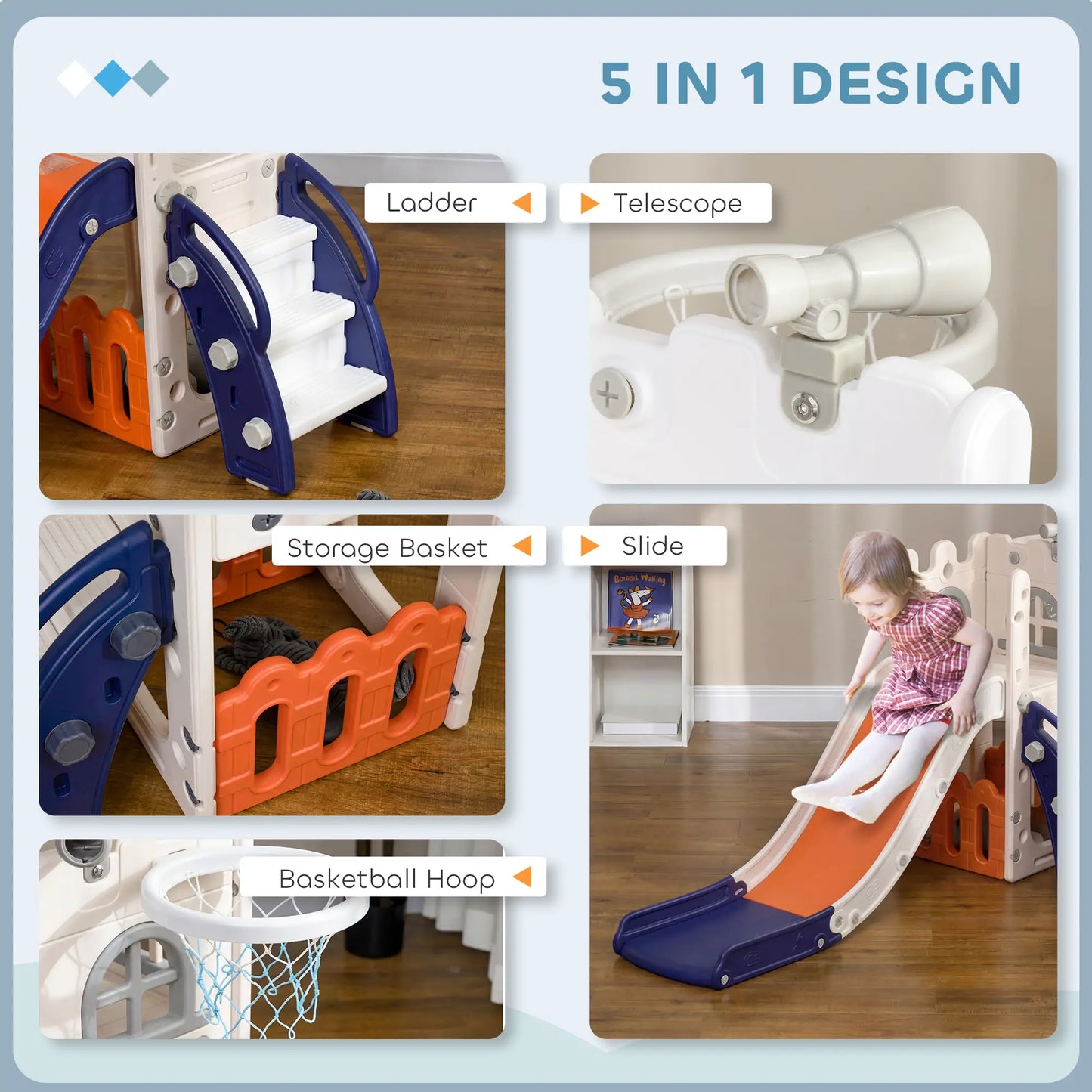 Toddler Slide With Basketball Hoop, Climber, Telescope, Storage Basket, For 1-3 Years, Orange Gym Sets & Swings at Gallery Canada