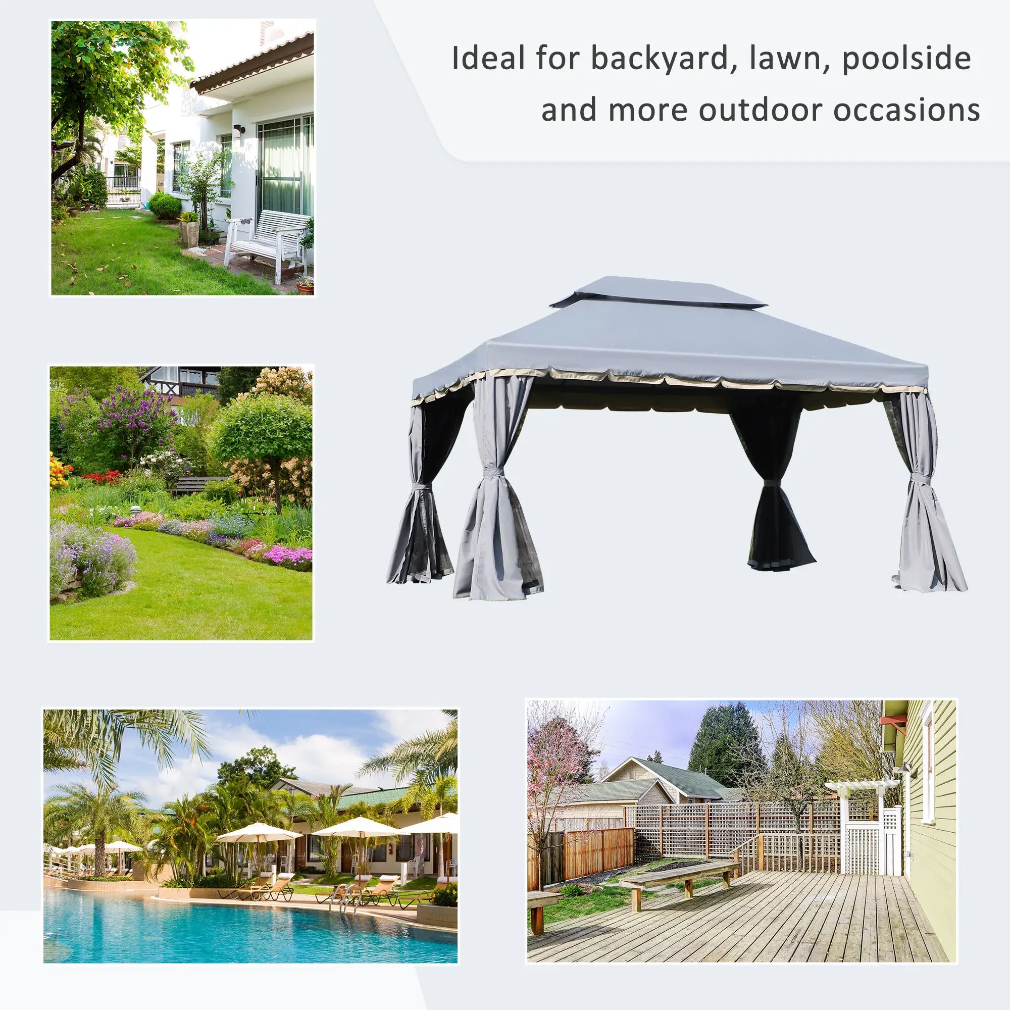 13' x 10' Patio Gazebo, 2-Tier Polyester Roof, Vented Mesh Sidewall, Aluminum Frame, Grey Gazebos at Gallery Canada