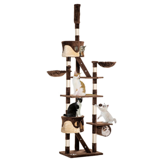 94"-102" Cat Tree, Ceiling High Condo, Scratching Post, Multi-Level Play House Floor to Ceiling Cat Trees Beige and Brown at Gallery Canada