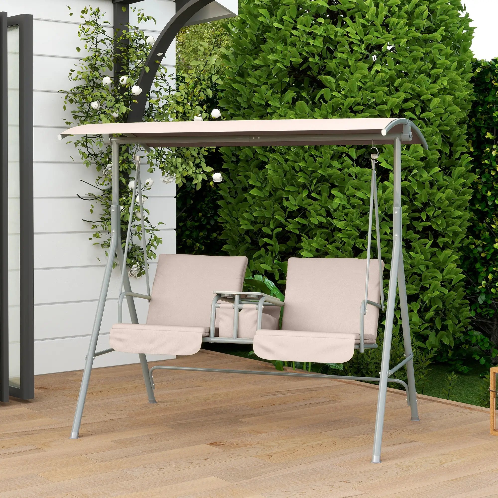 Double Outdoor Swing Chair, 2 Person, Covered, Beige Patio Swings with Stand at Gallery Canada