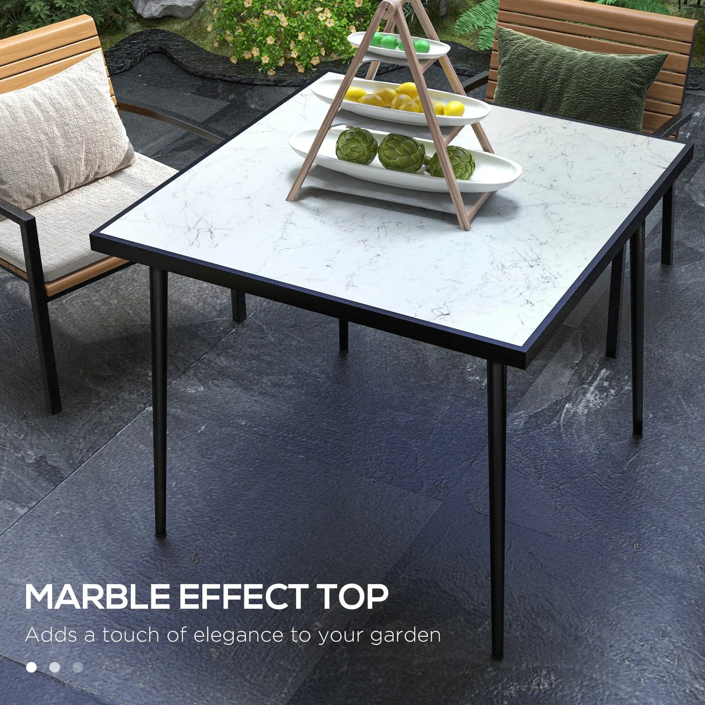 Square Outdoor Dining Table for 4, Marble Effect Glass Top, Steel Frame, White Patio Dinning Tables at Gallery Canada