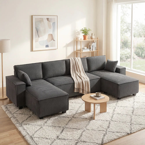 Modular U Shaped Sectional Sofa, Double Chaises, Spring Cushions, Dark Grey