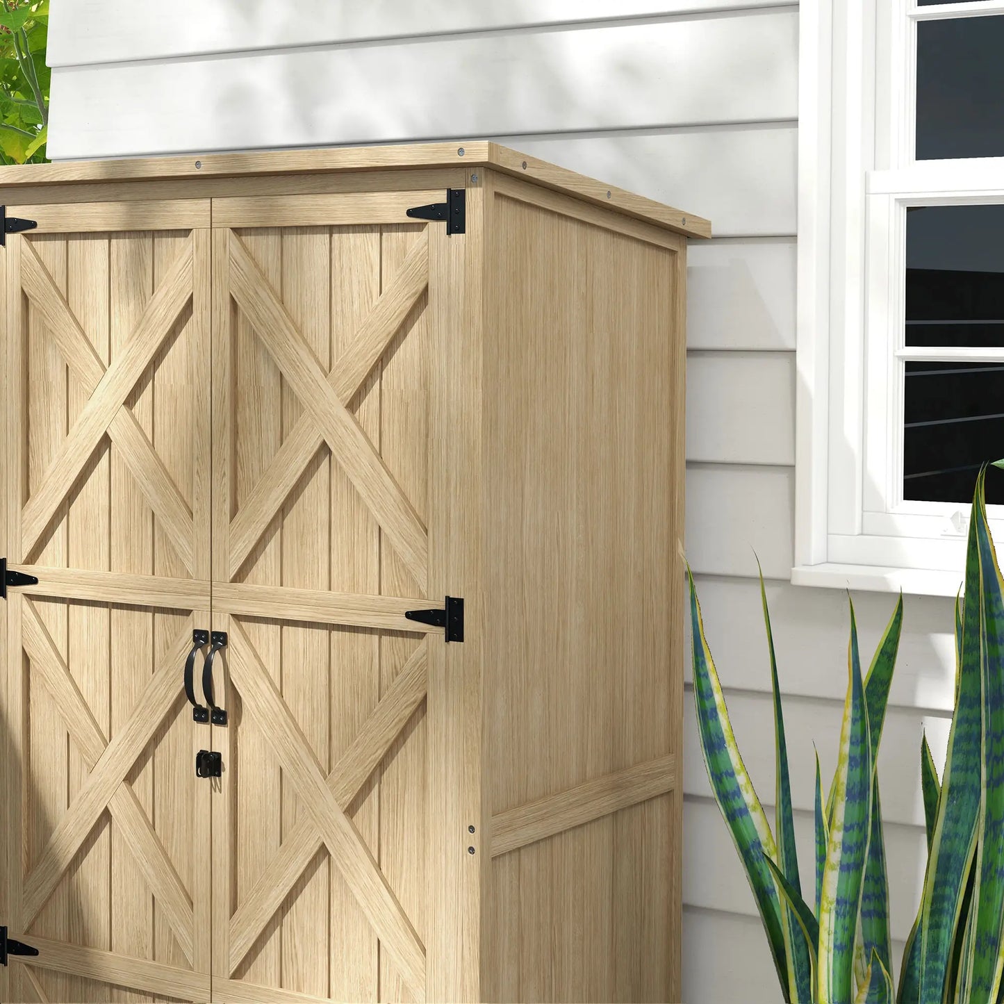 Wooden Outdoor Storage Cabinet, Garden Shed, Waterproof Asphalt Roof, Lockable Doors, Natural