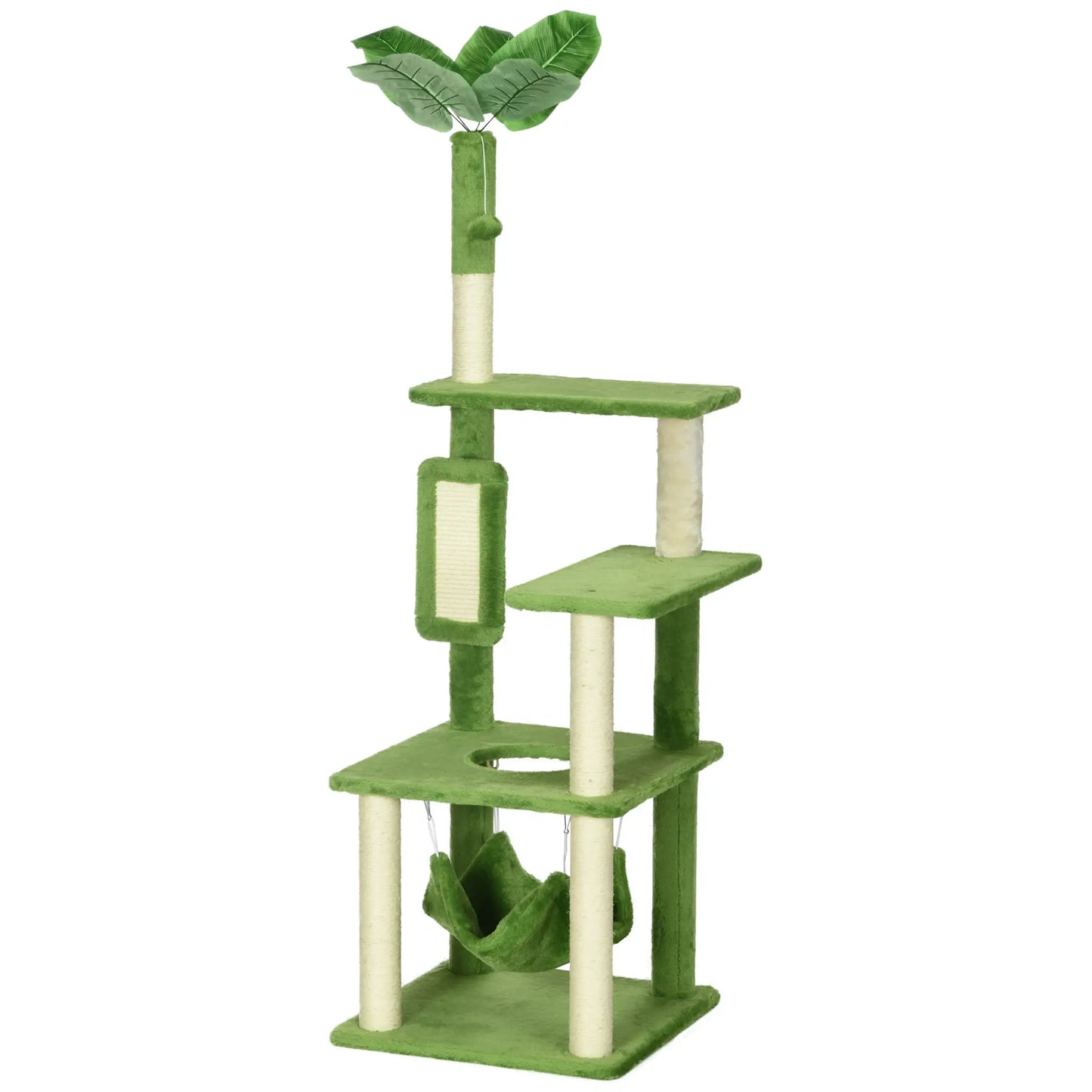 56" Cat Tree for Large Cats, Hammock, Scratching Post, Platforms, Play Ball, Green Cat Towers Green, Beige at Gallery Canada
