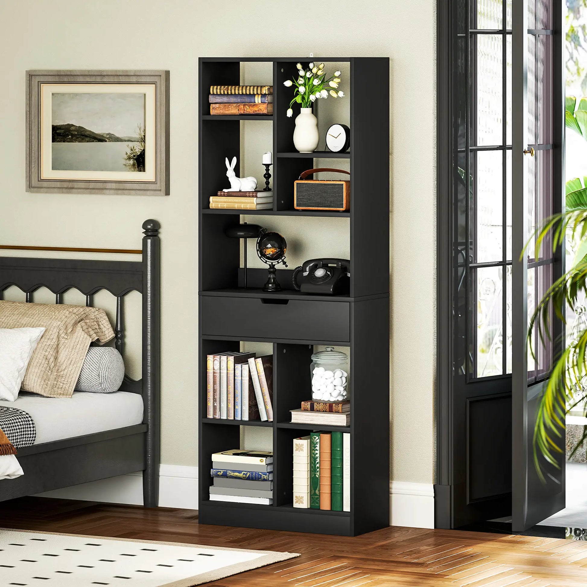 Tall Bookshelf with Drawer, Freestanding Bookcase, Black Display Bookshelves at Gallery Canada