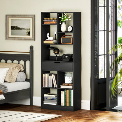 Tall Bookshelf with Drawer, Freestanding Bookcase, Black Display Bookshelves at Gallery Canada