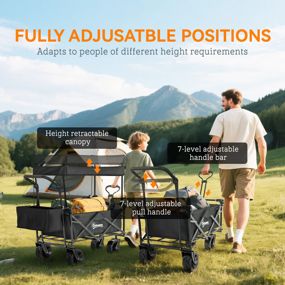 80L Folding Wagon Cart, Heavy-Duty Collapsible, Adjustable Handle, Black Folding Garden Carts at Gallery Canada