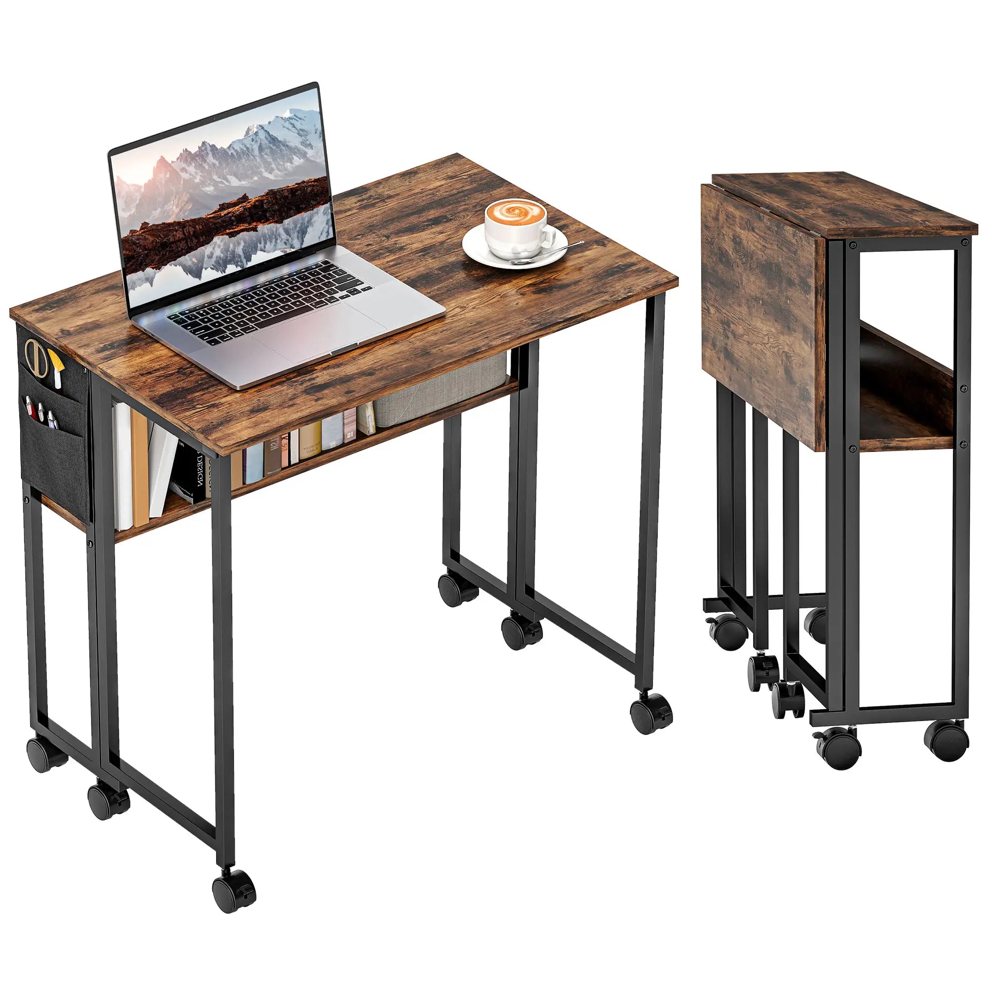Folding Computer Desk with Storage Bag, Shelf and Wheels, Rustic Brown Writing Desks at Gallery Canada