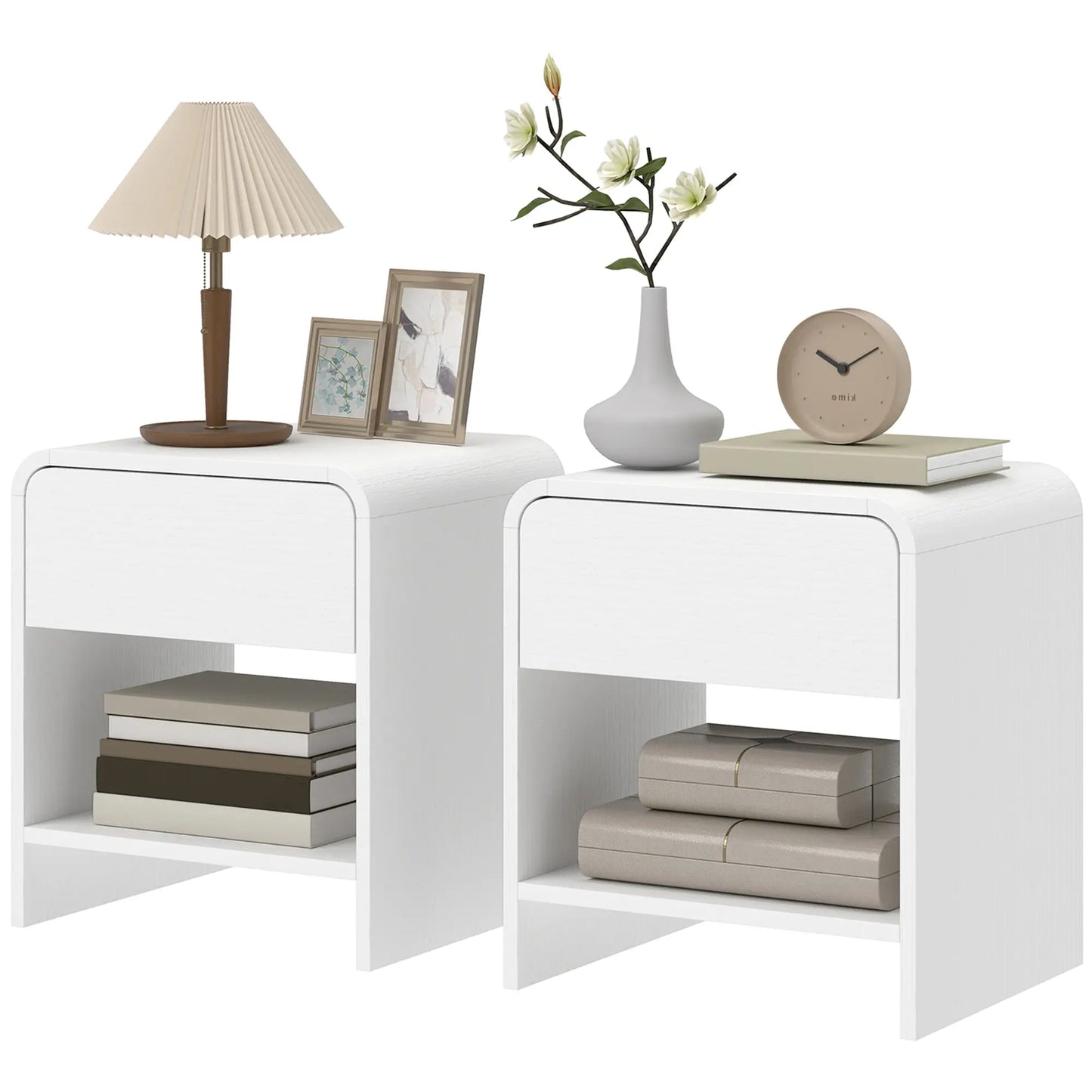 Modern Nightstand Set of 2, Distressed White, With Drawer and Shelf, White Bedside Tables Distressed White at Gallery Canada