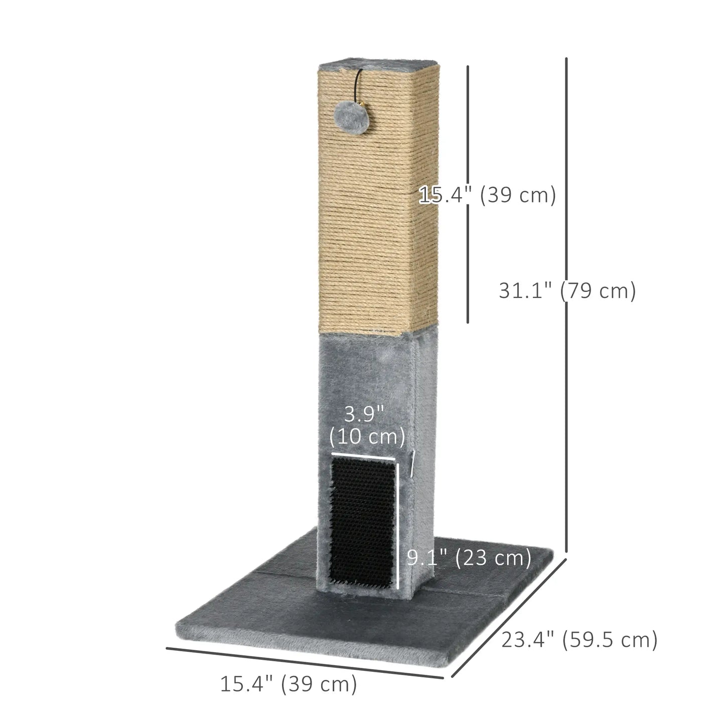 31" Tall Cat Scratching Post, Hanging Balls, Grooming Brushes, Grey Cat Posts at Gallery Canada