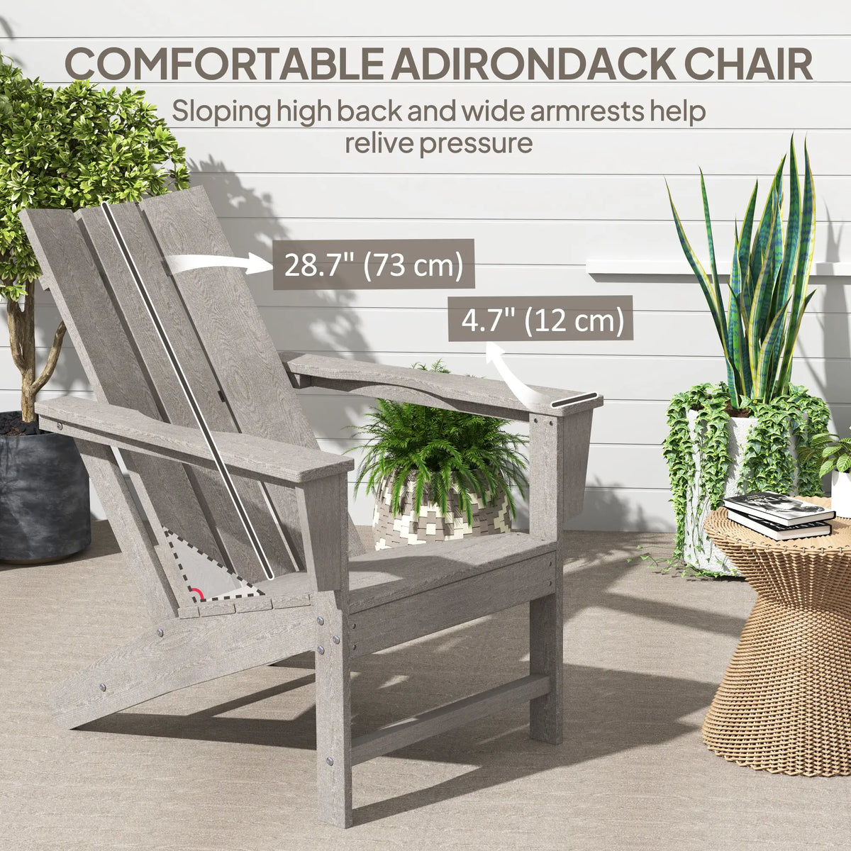 HDPE Plastic Adirondack Chair, High Back, Wide Armrests, Dark Grey Patio Chairs at Gallery Canada