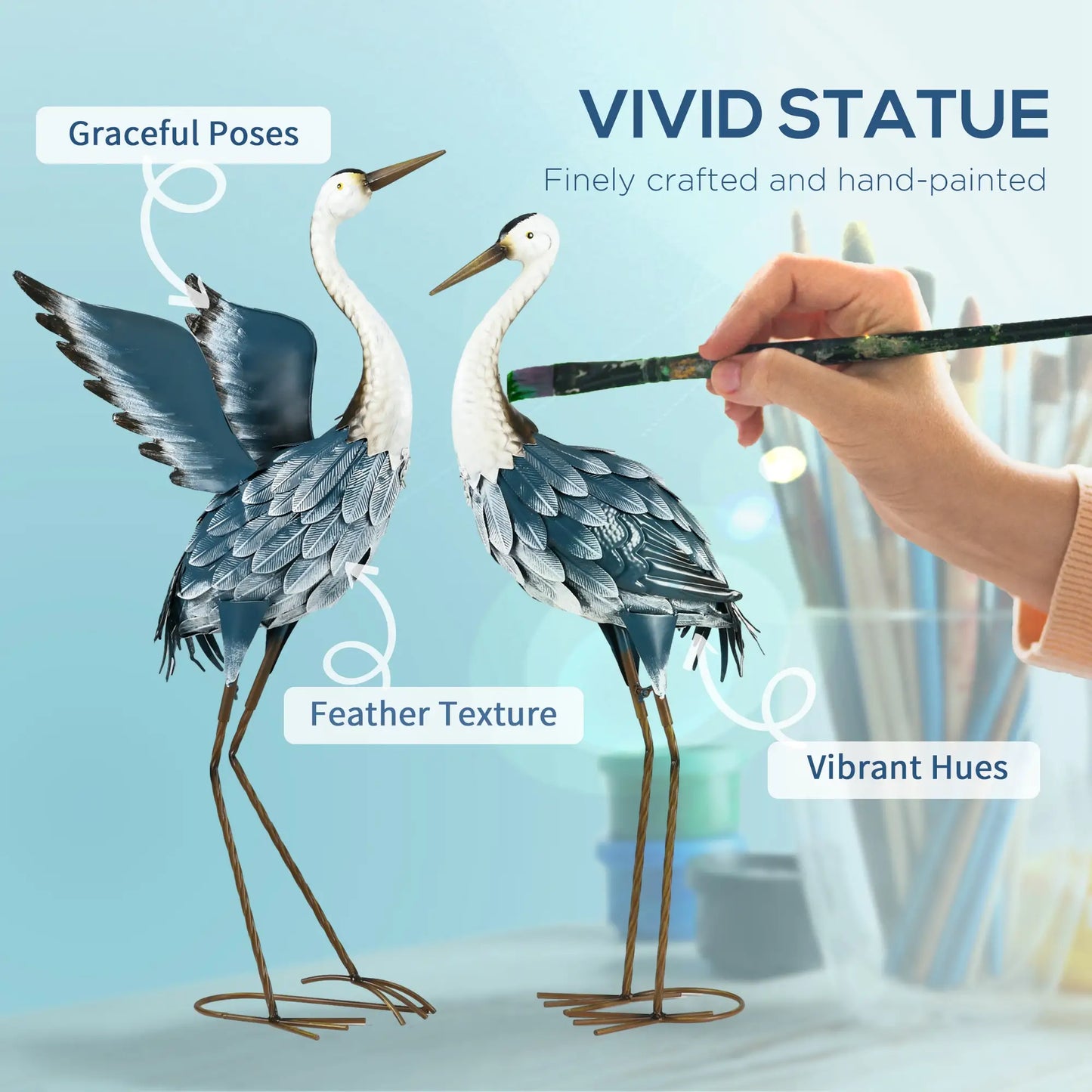 Set of 2 Garden Sculptures, Heron Statues, 29" & 27.5", Blue Garden Decor at Gallery Canada