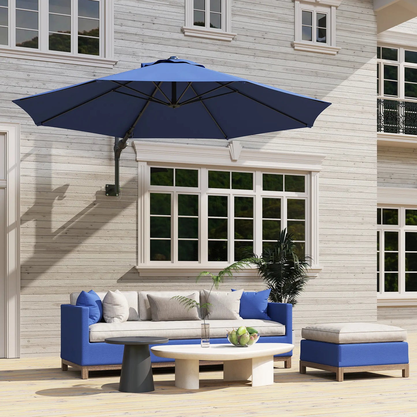 9.6 x 9.6 ft Wall Mounted Umbrella, Rotating Patio Parasol, Dark Blue Sun Umbrellas at Gallery Canada