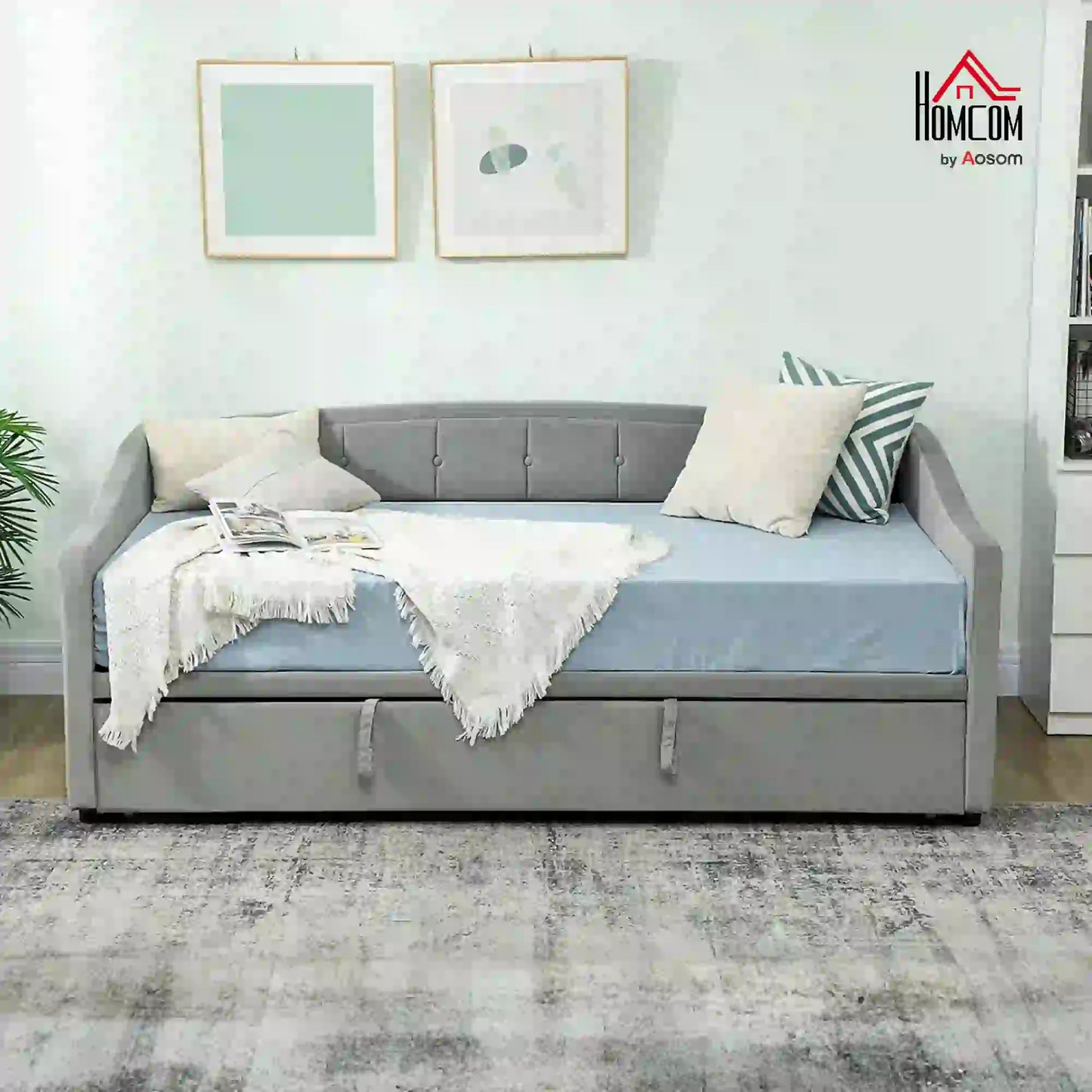 Upholstered Twin Size Trundle Bed, With Headboard And Pockets, Light Grey