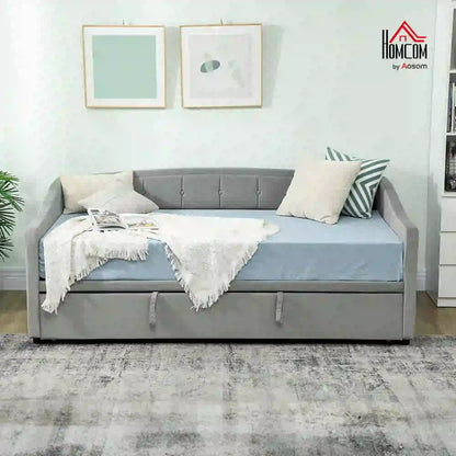 Upholstered Twin Size Trundle Bed, With Headboard And Pockets, Light Grey