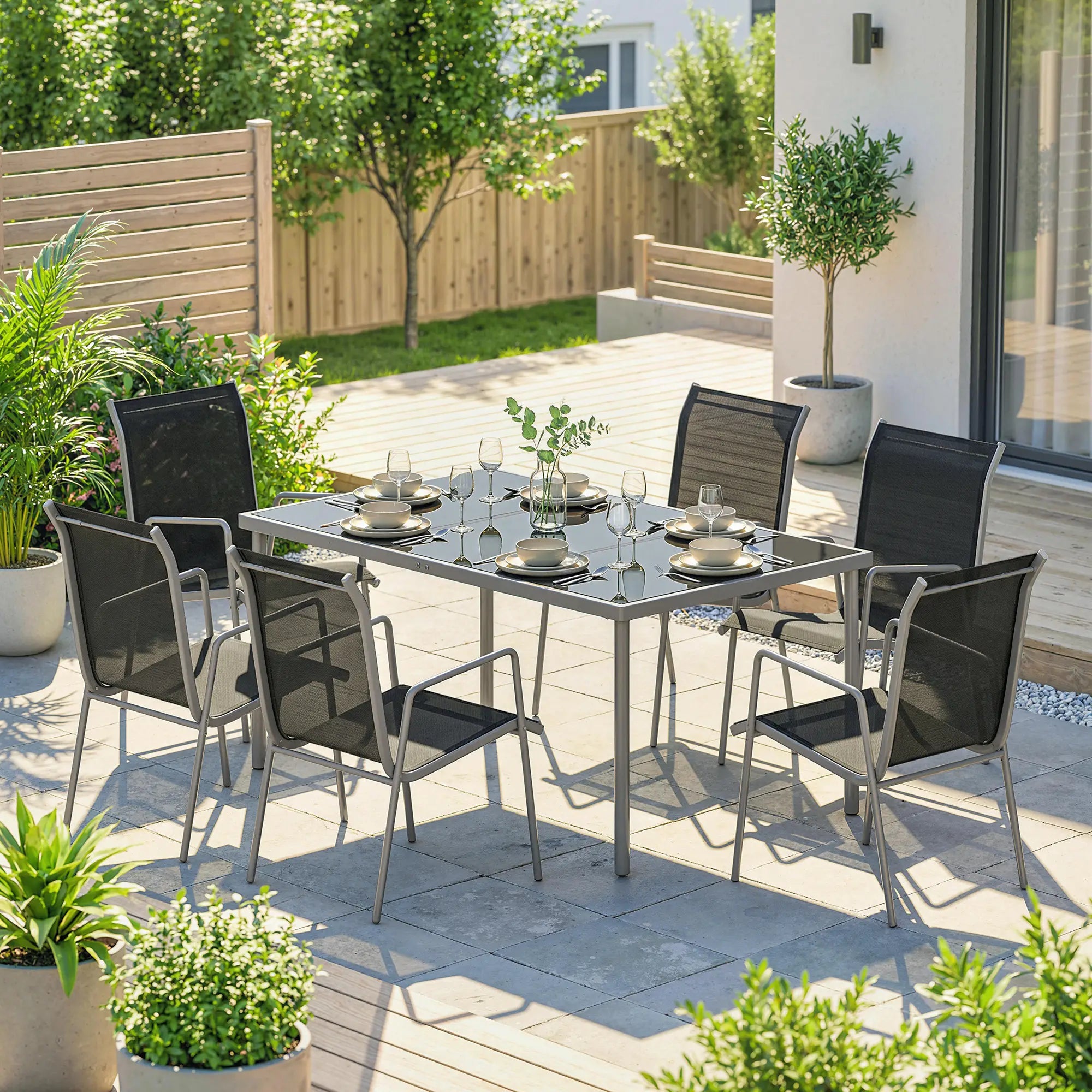 7 Piece Garden Dining Set With Rectangular Table & 6 Stackable Chairs Outdoor Dining Sets at Gallery Canada