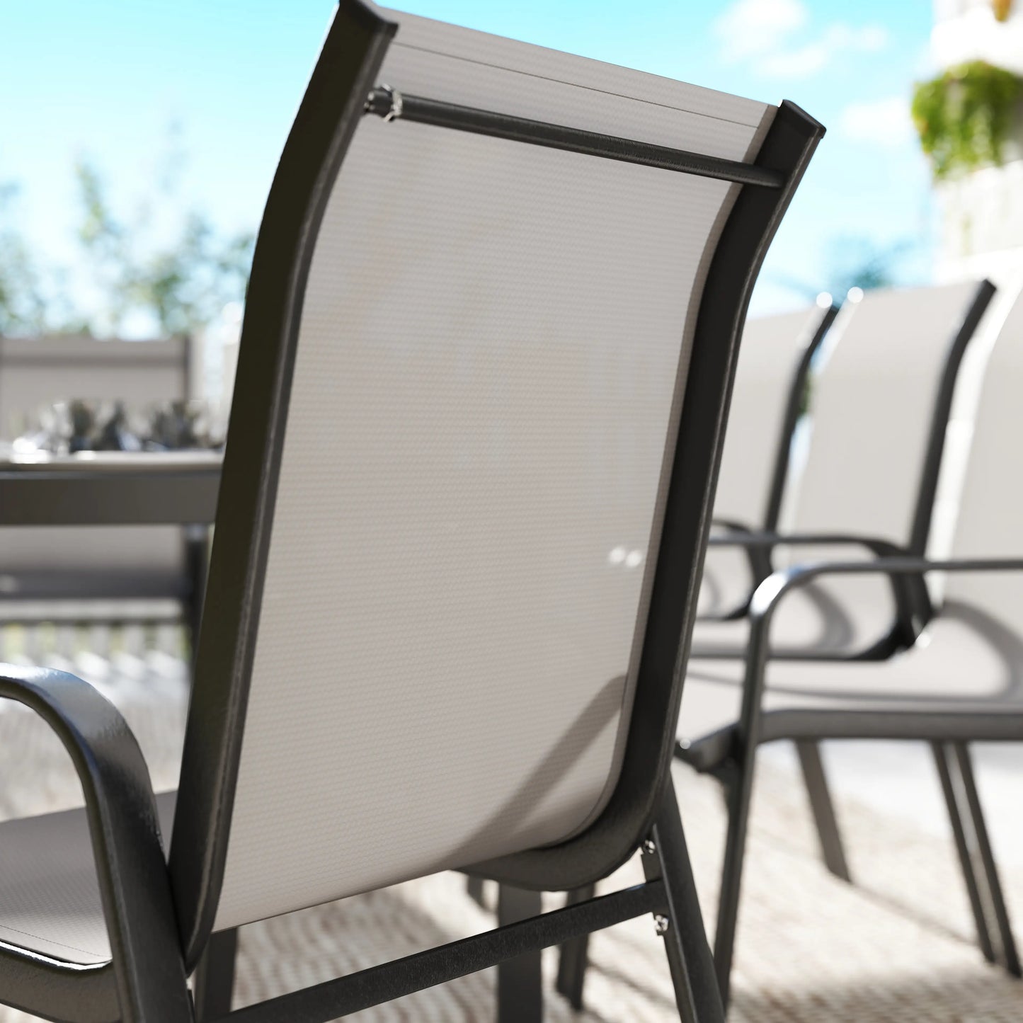9-Piece Patio Dining Set, Glass Top Table, Stackable Chairs, Dark Grey Outdoor Dining Sets at Gallery Canada