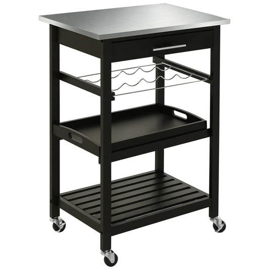 Portable Stainless Steel Kitchen Cart, 3-Tier with Storage Drawer Kitchen Islands & Kitchen Carts Black at Gallery Canada