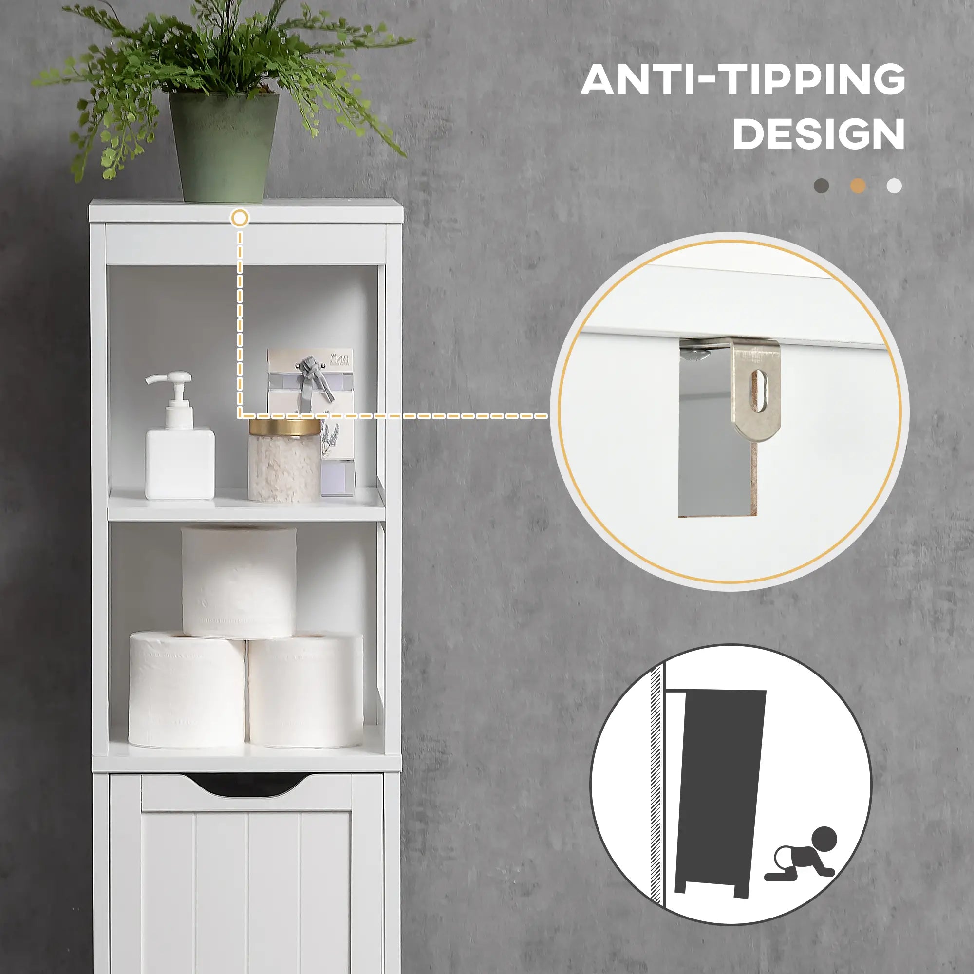 Narrow Bathroom Cabinet, 3 Drawers, 2 Tier Shelf, Tall Cupboard, White Bathroom Cabinets at Gallery Canada