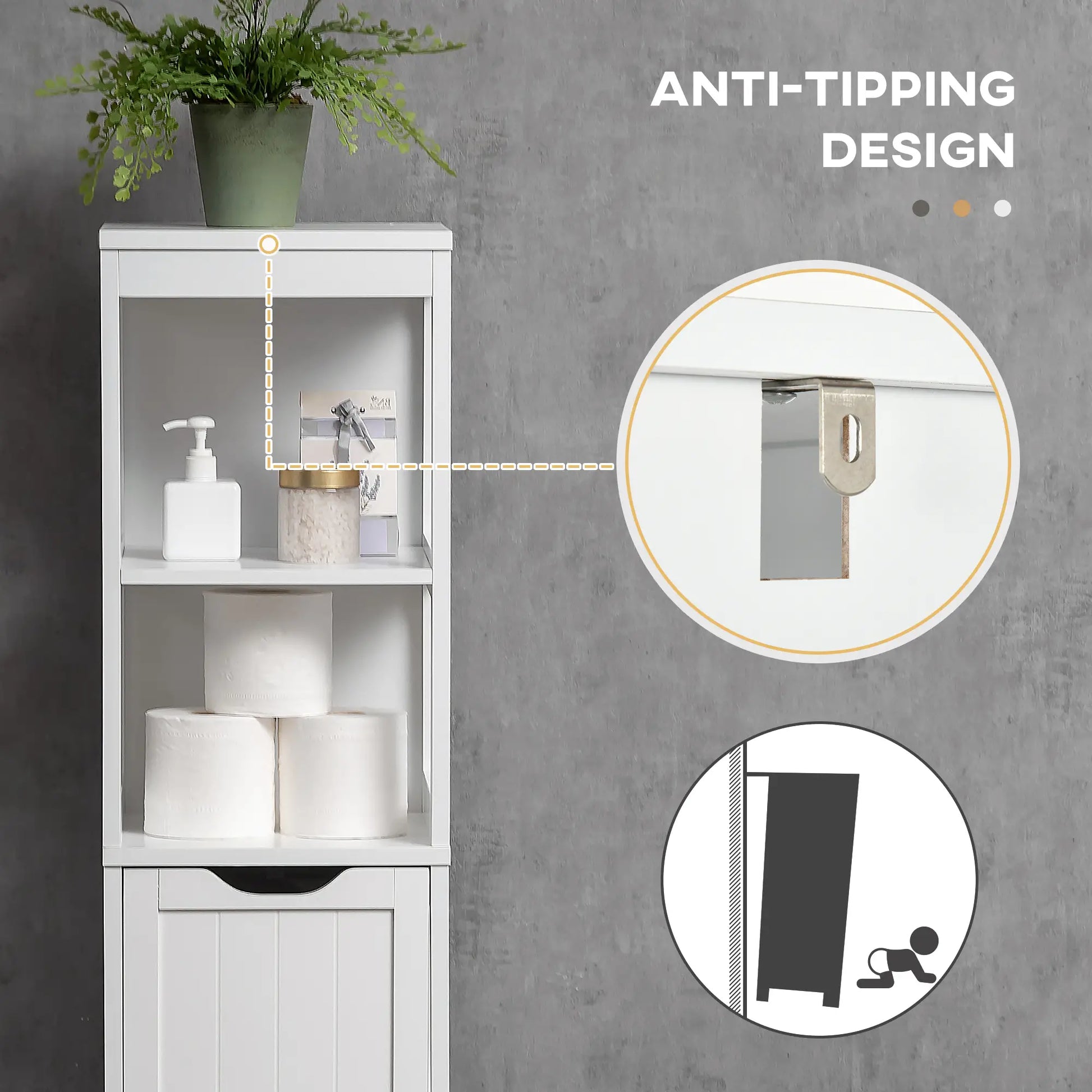 Narrow Bathroom Cabinet, 3 Drawers, 2 Tier Shelf, Tall Cupboard, White Bathroom Cabinets at Gallery Canada