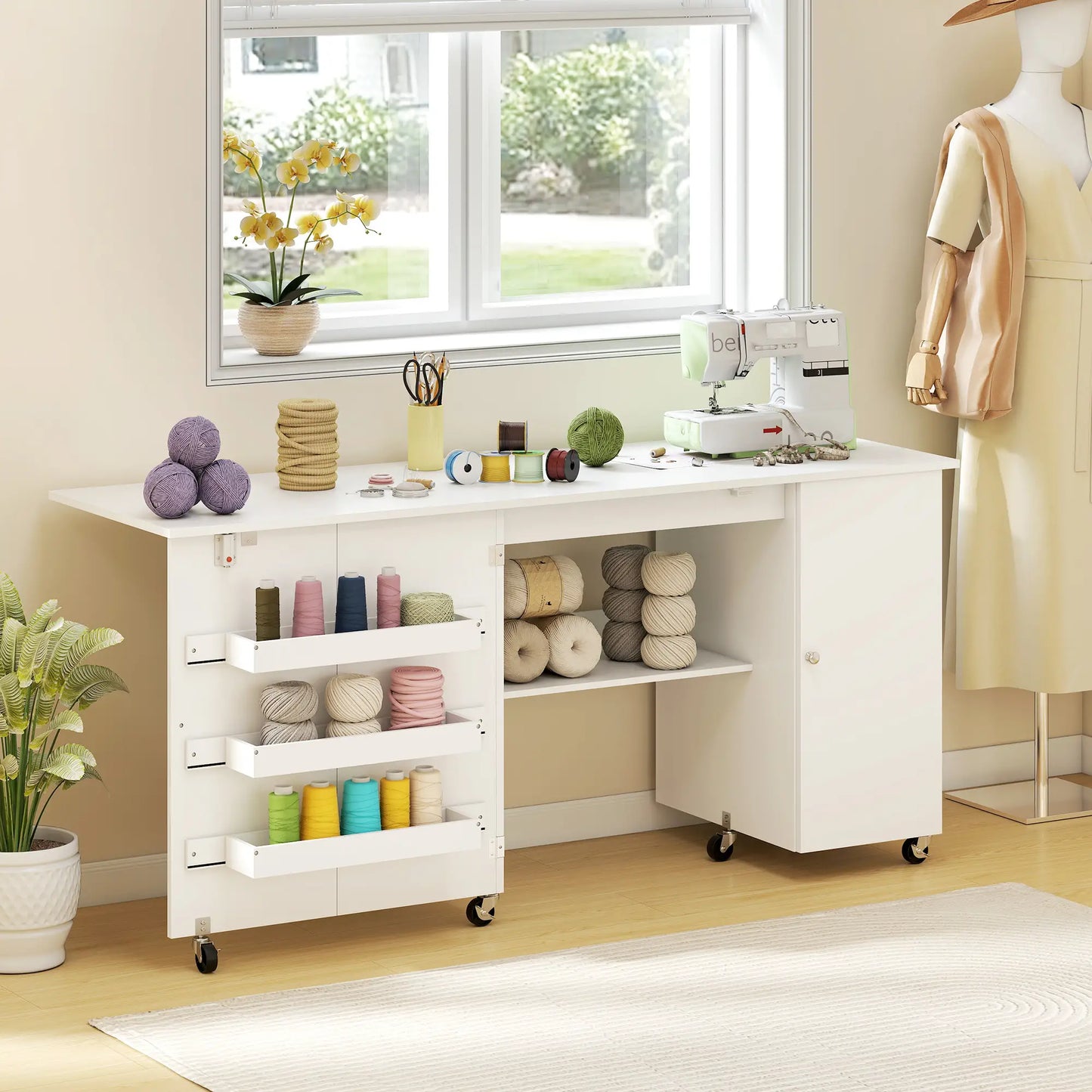 Sewing Machine Table, Drop Leaf, 2 Doors, Adjustable Shelf, White Sewing Cabinets at Gallery Canada