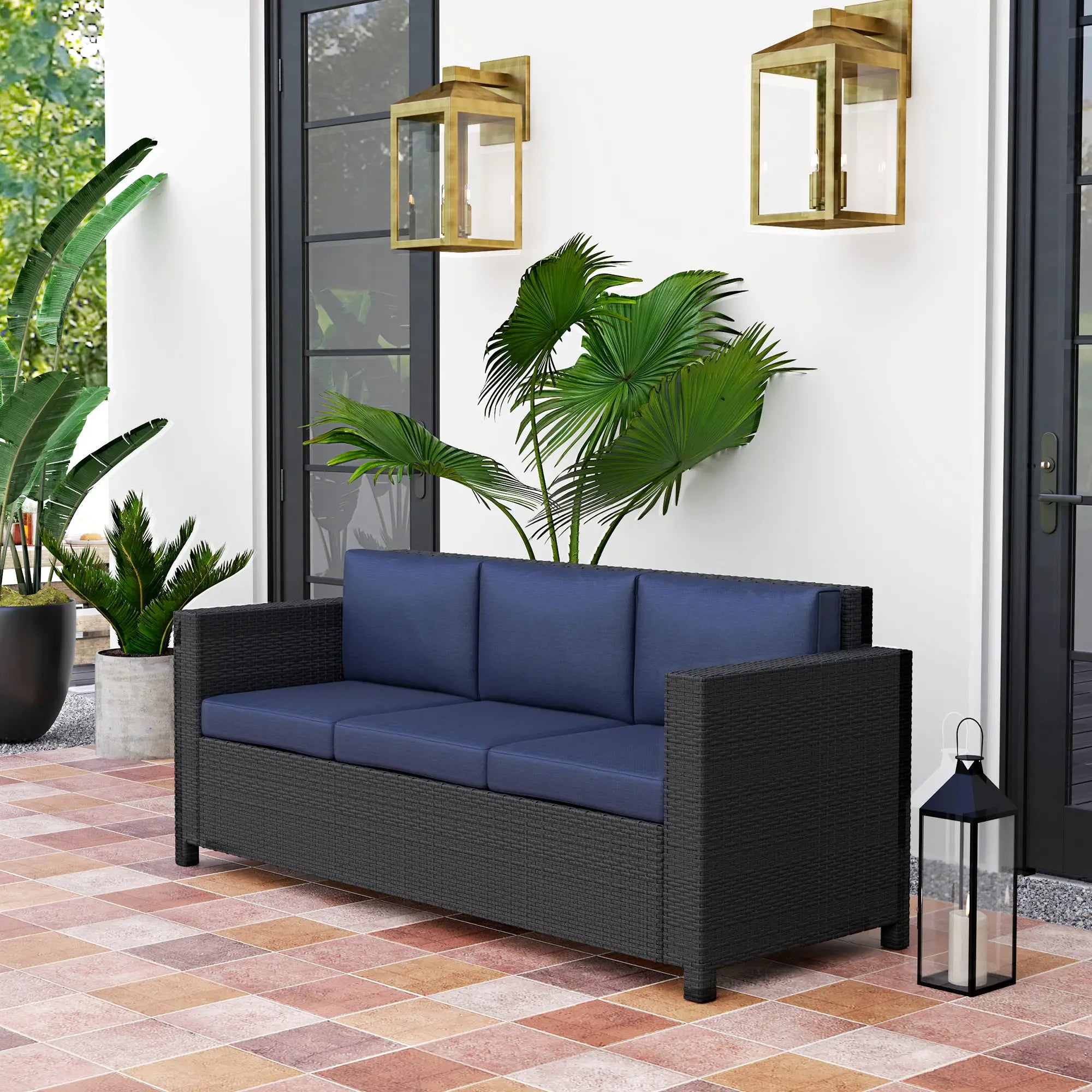 3 Seat Rattan Wicker Sofa, Outdoor Patio Furniture, Navy Blue Patio Furniture Sets at Gallery Canada