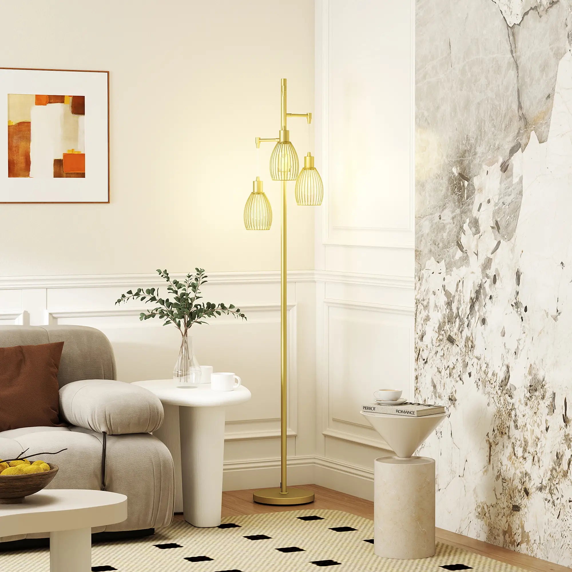 Industrial Floor Lamp, 3 Hanging Wire Lampshades, Dimmable, Gold Floor Lamps & Ceiling Fan Lights at Gallery Canada