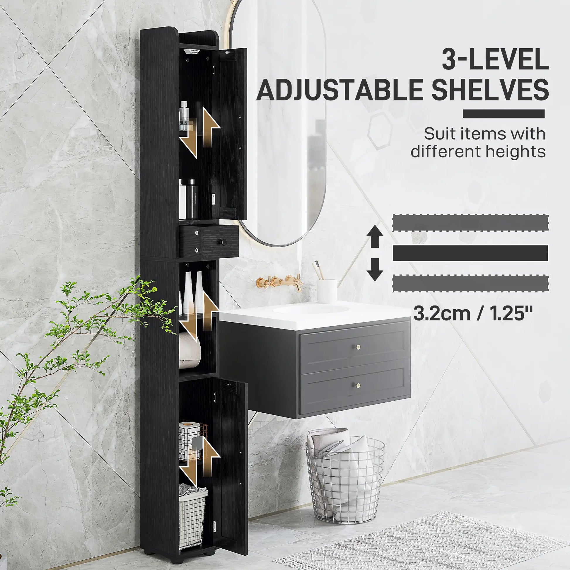 Narrow Bathroom Cabinet, Tall Storage with Barn Doors, Wood Grain, Black Bathroom Cabinets at Gallery Canada