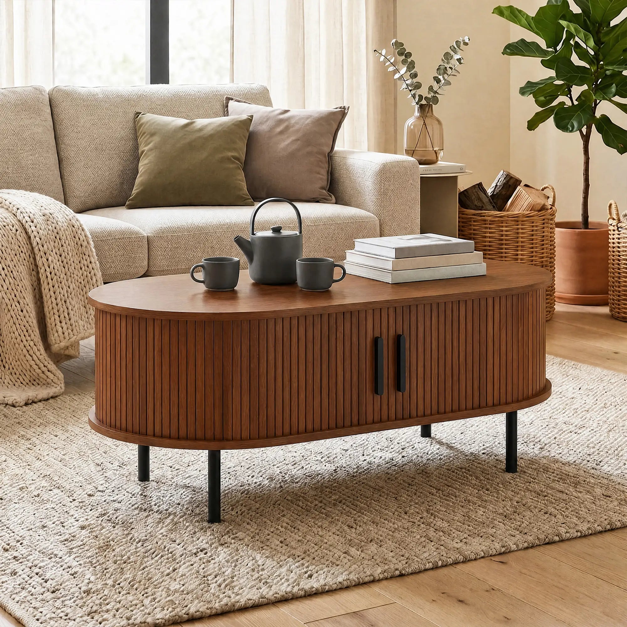 Coffee Table with Sliding Tambour Doors and Storage Center Table with Metal Legs, 39