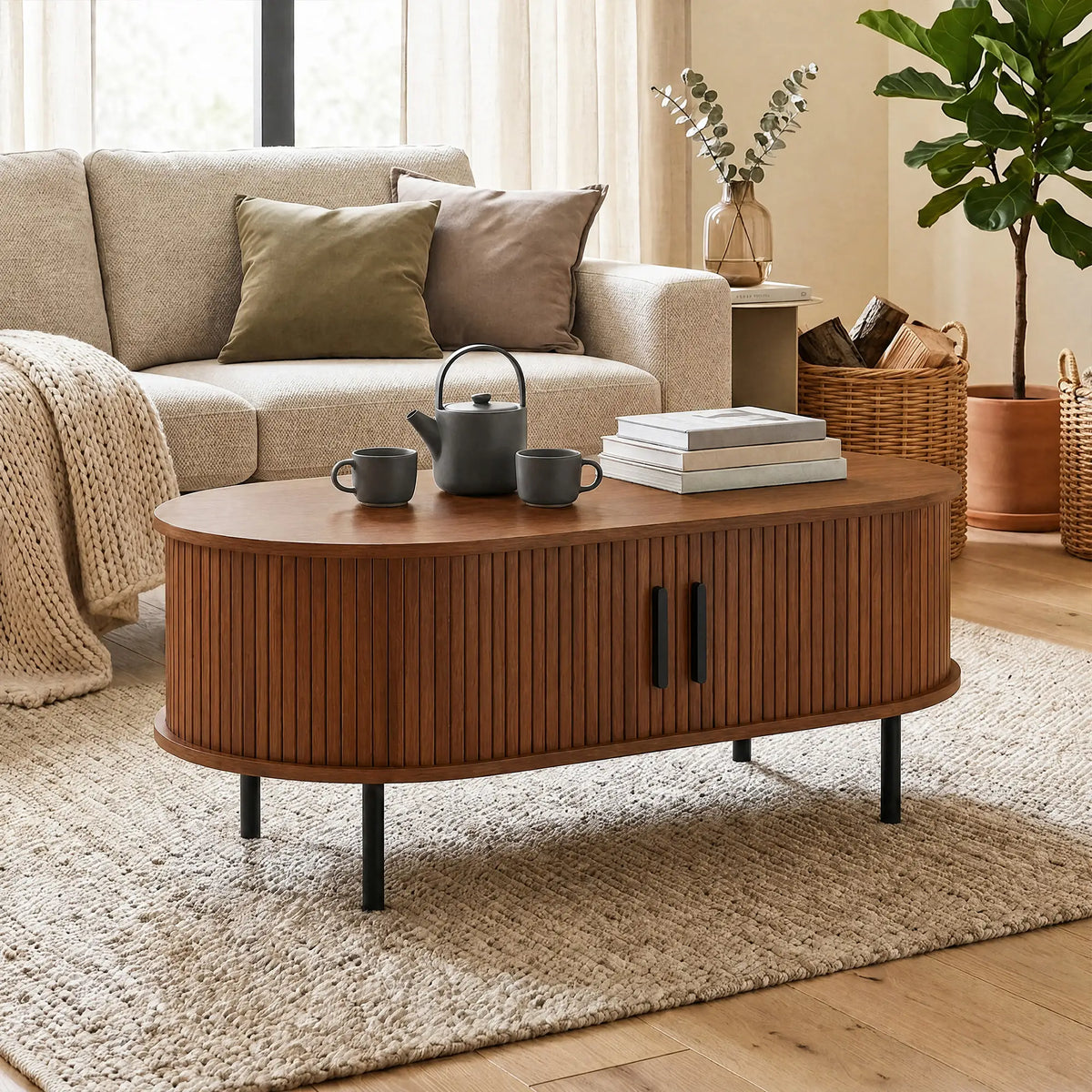Coffee Table with Sliding Tambour Doors and Storage Center Table with Metal Legs, 39", Brown Coffee Tables at Gallery Canada