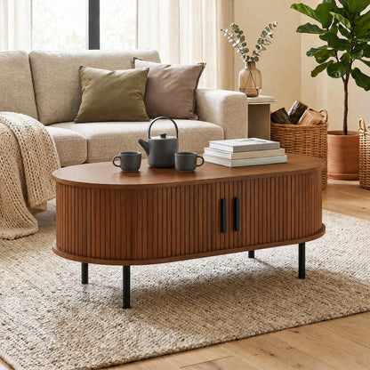 Coffee Table with Sliding Tambour Doors and Storage Center Table with Metal Legs, 39", Brown Coffee Tables at Gallery Canada