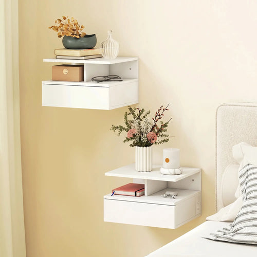 Floating Nightstand Set of 2, Wall Mounted Bedside Table with with Power Outlets, Drawer and Shelf, White