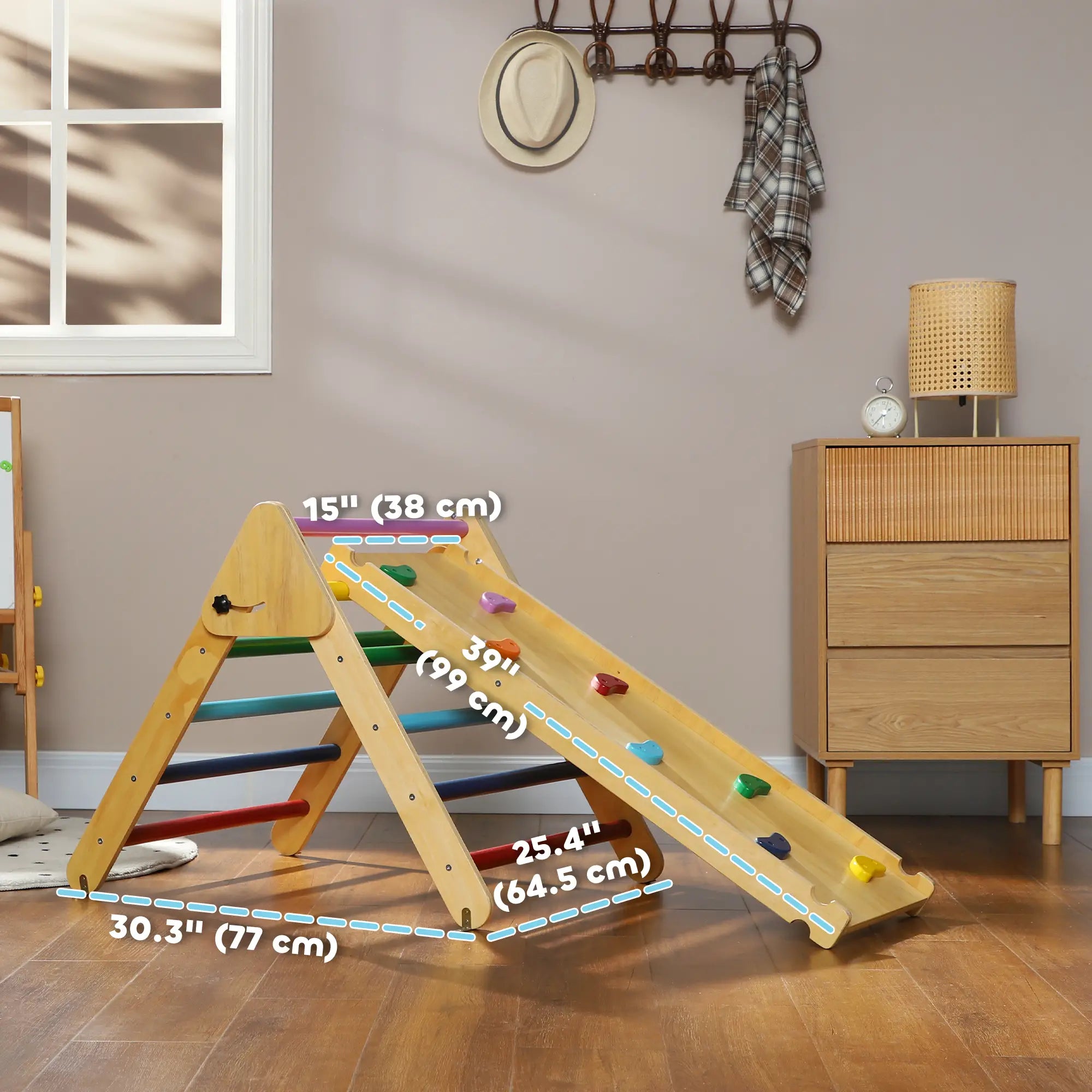 Pikler Triangle Set, 3 in 1 Climbing Toys with Ramp for Toddlers, Nature Wood Baby Gym & Playmats at Gallery Canada