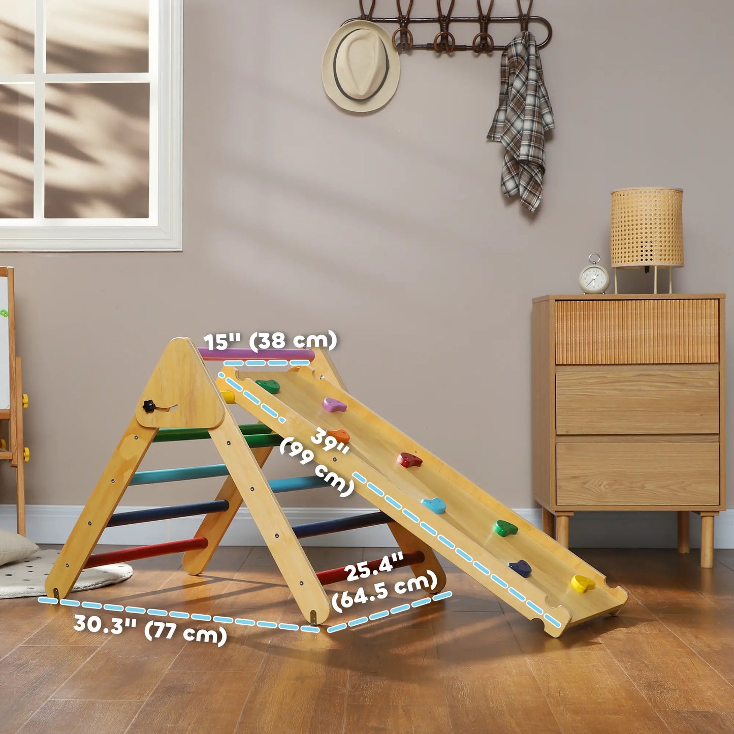 Pikler Triangle Set, 3 in 1 Climbing Toys with Ramp for Toddlers, Nature Wood Baby Gym & Playmats at Gallery Canada