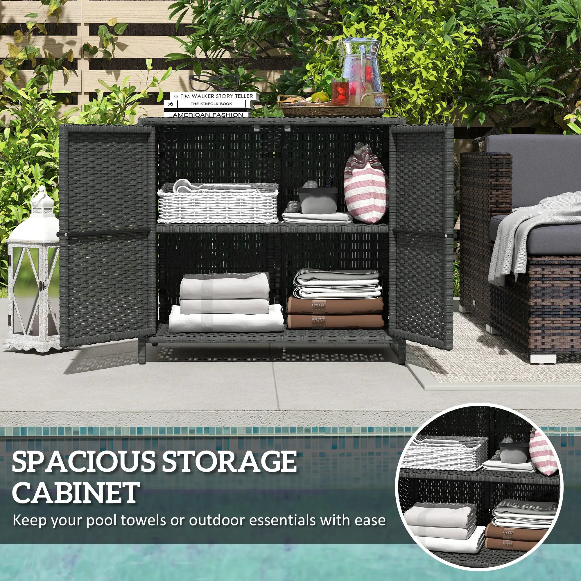 Outdoor Storage Cabinet, Double Magnetic Doors, PE Rattan Towel Rack, Dark Grey Patio Storage Boxes at Gallery Canada