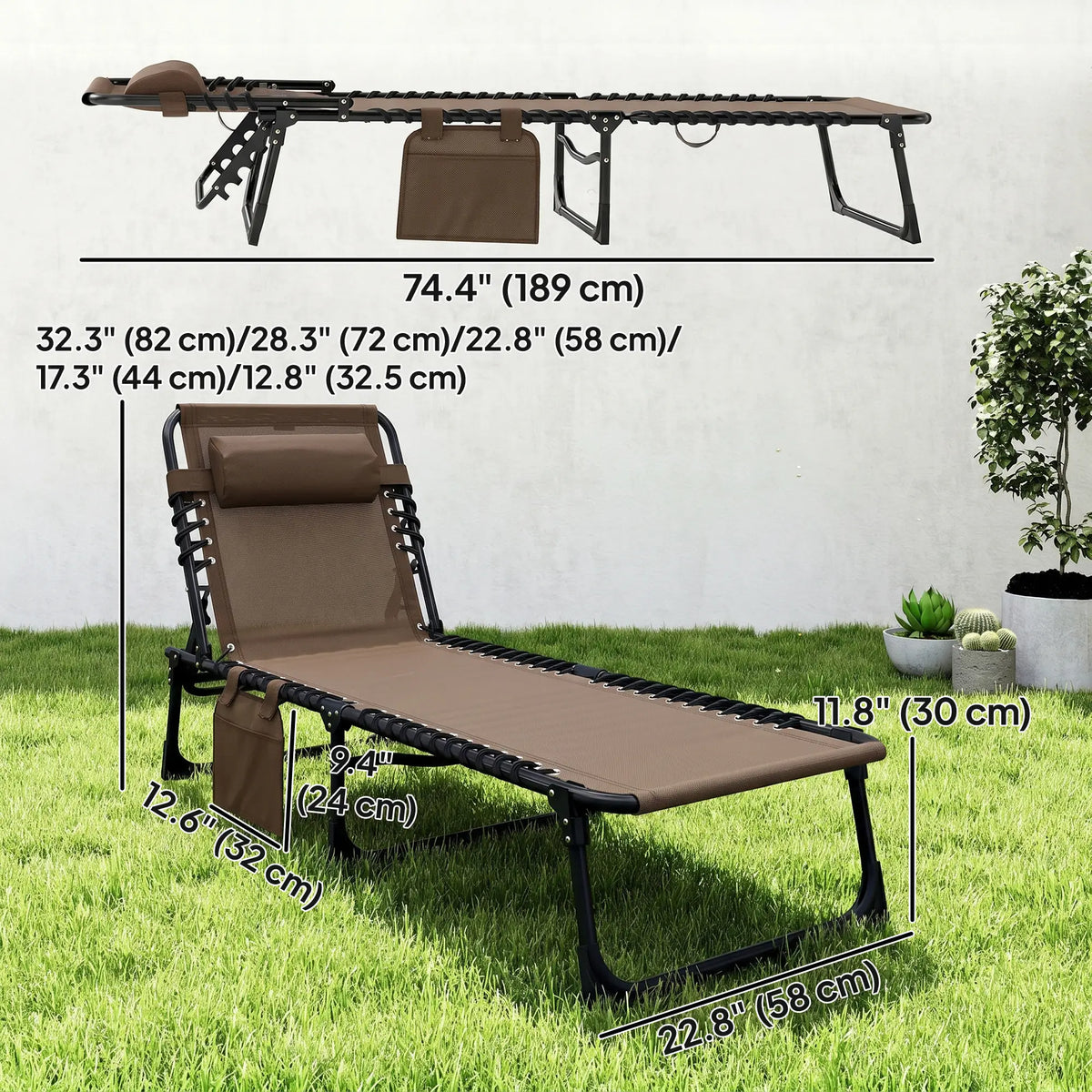 Outdoor Folding Chaise Lounge, Adjustable Backrest, Removable Pillow, Brown Lounger Chairs at Gallery Canada
