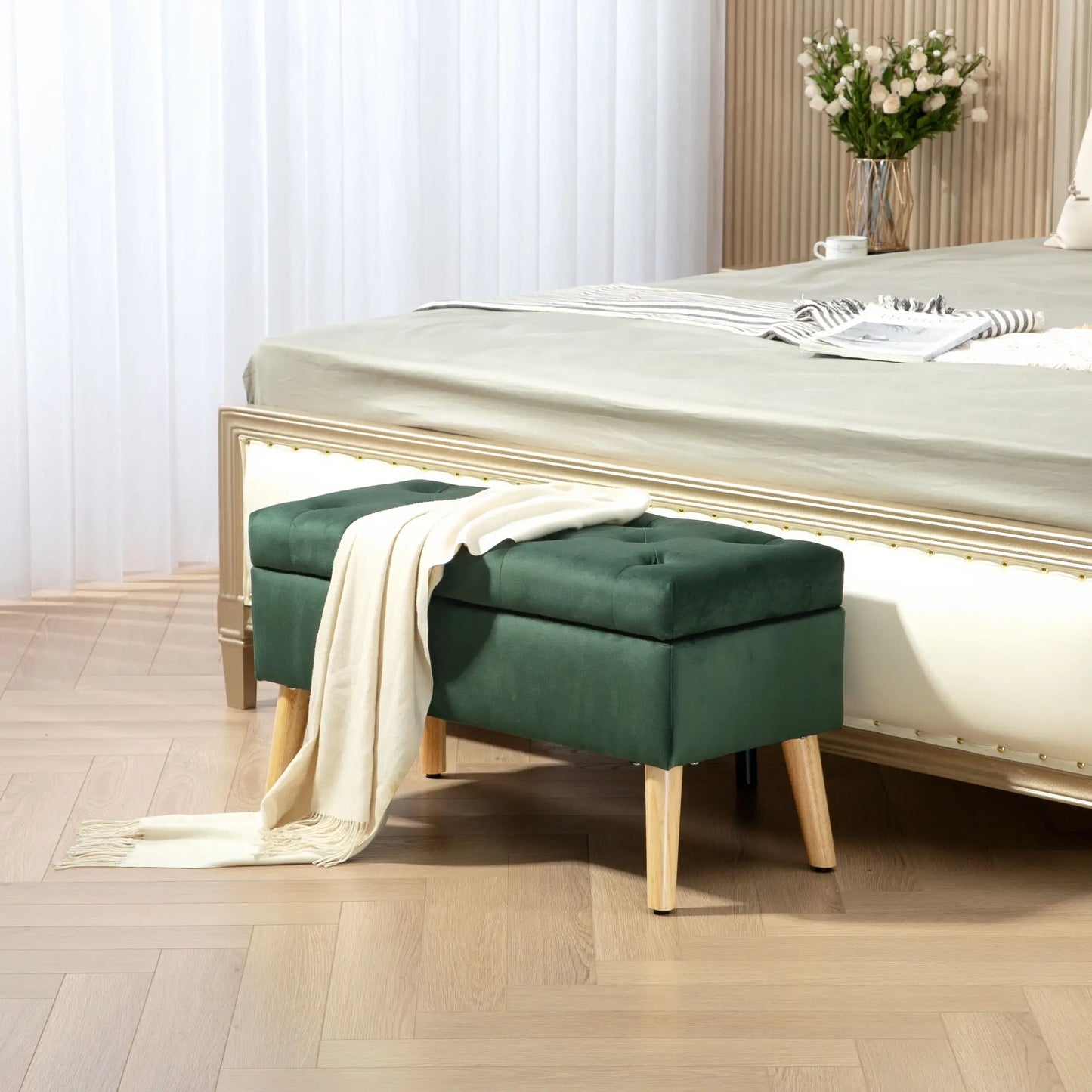 Velvet Storage Ottoman with Lid, Wood Legs, Dark Green Storage Ottomans & Benches at Gallery Canada