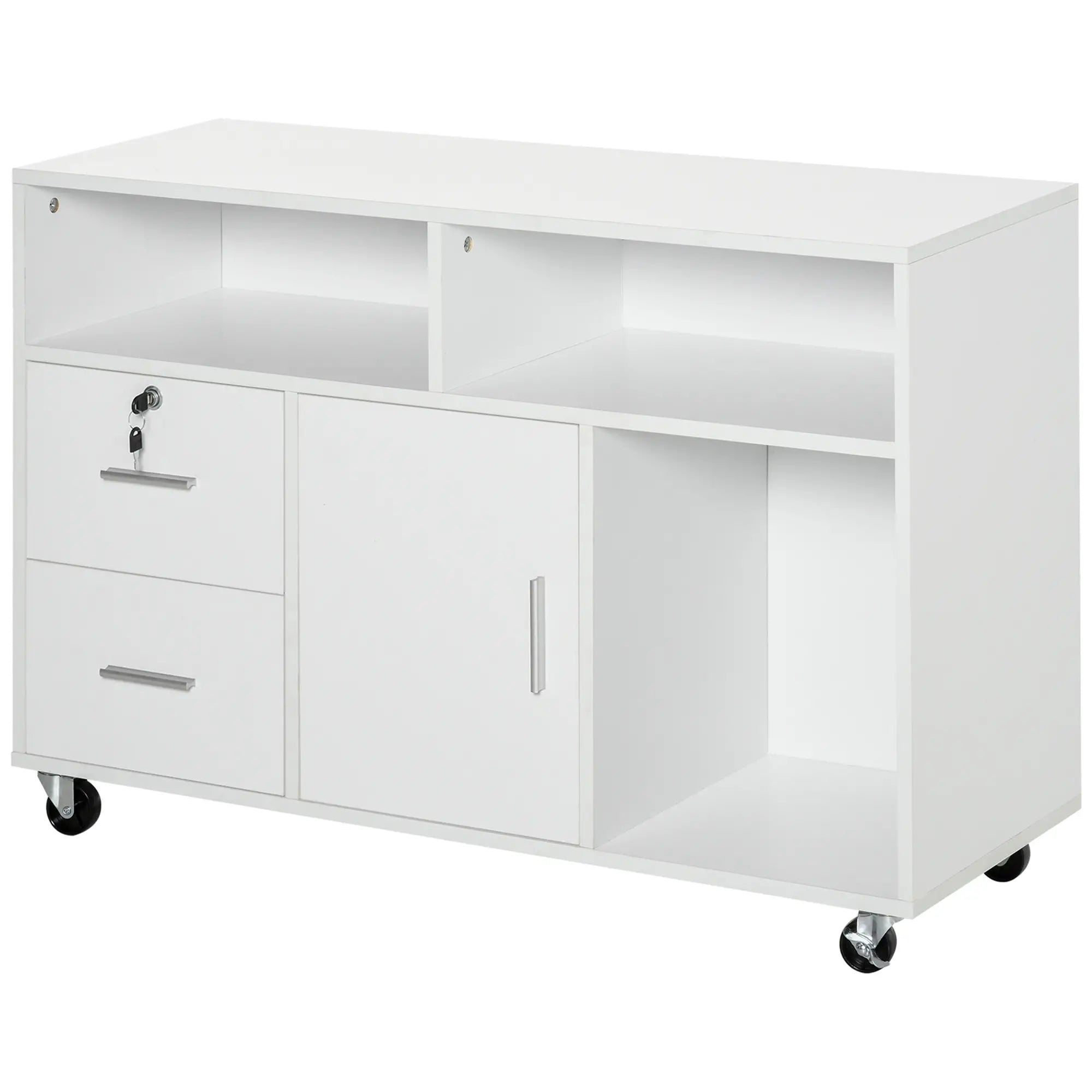 Lateral Filing Cabinet, Open Shelf, Mobile with Wheels, Lockable Drawer, White Office Cabinets & Cupboards at Gallery Canada