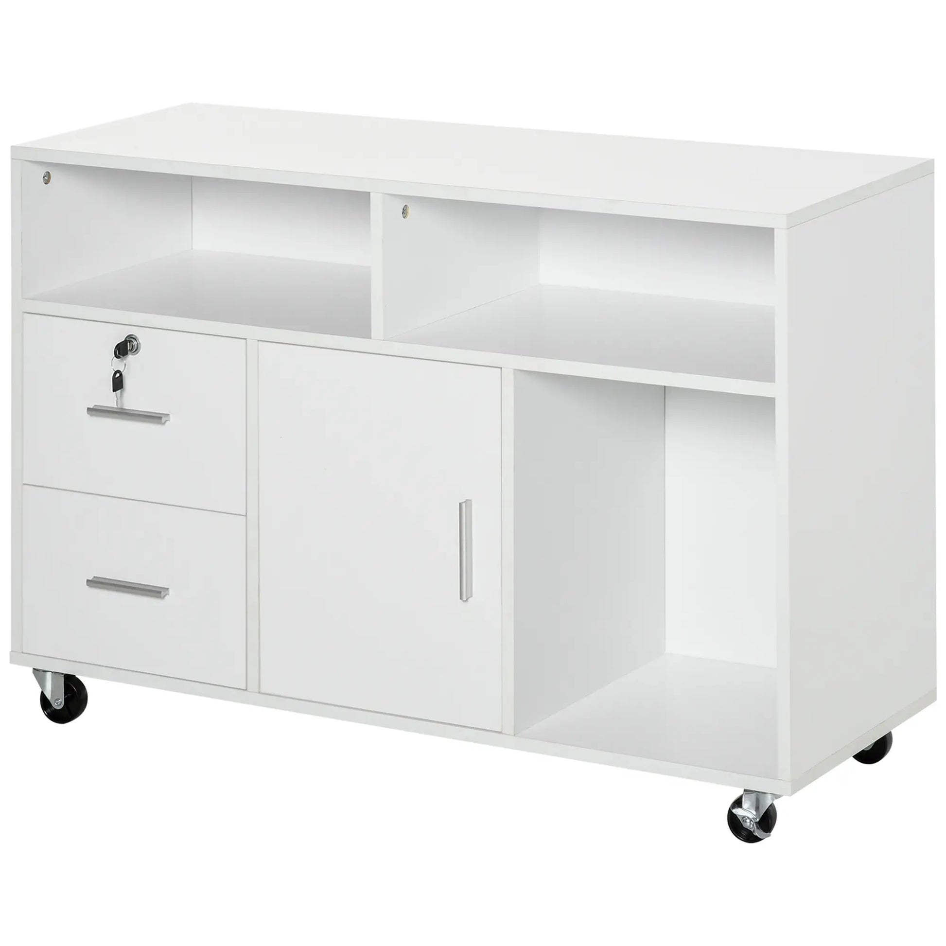 Lateral Filing Cabinet, Open Shelf, Mobile with Wheels, Lockable Drawer, White Office Cabinets & Cupboards at Gallery Canada