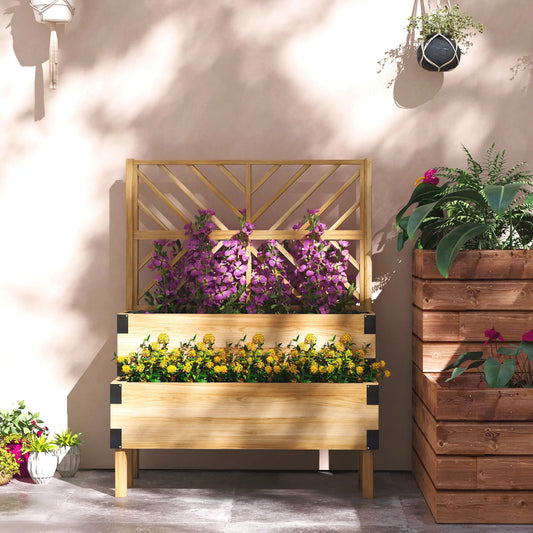 Raised Garden Bed With Trellis, 2 Tier Wooden Elevated Planter Box Elevated Garden Beds Natural at Gallery Canada