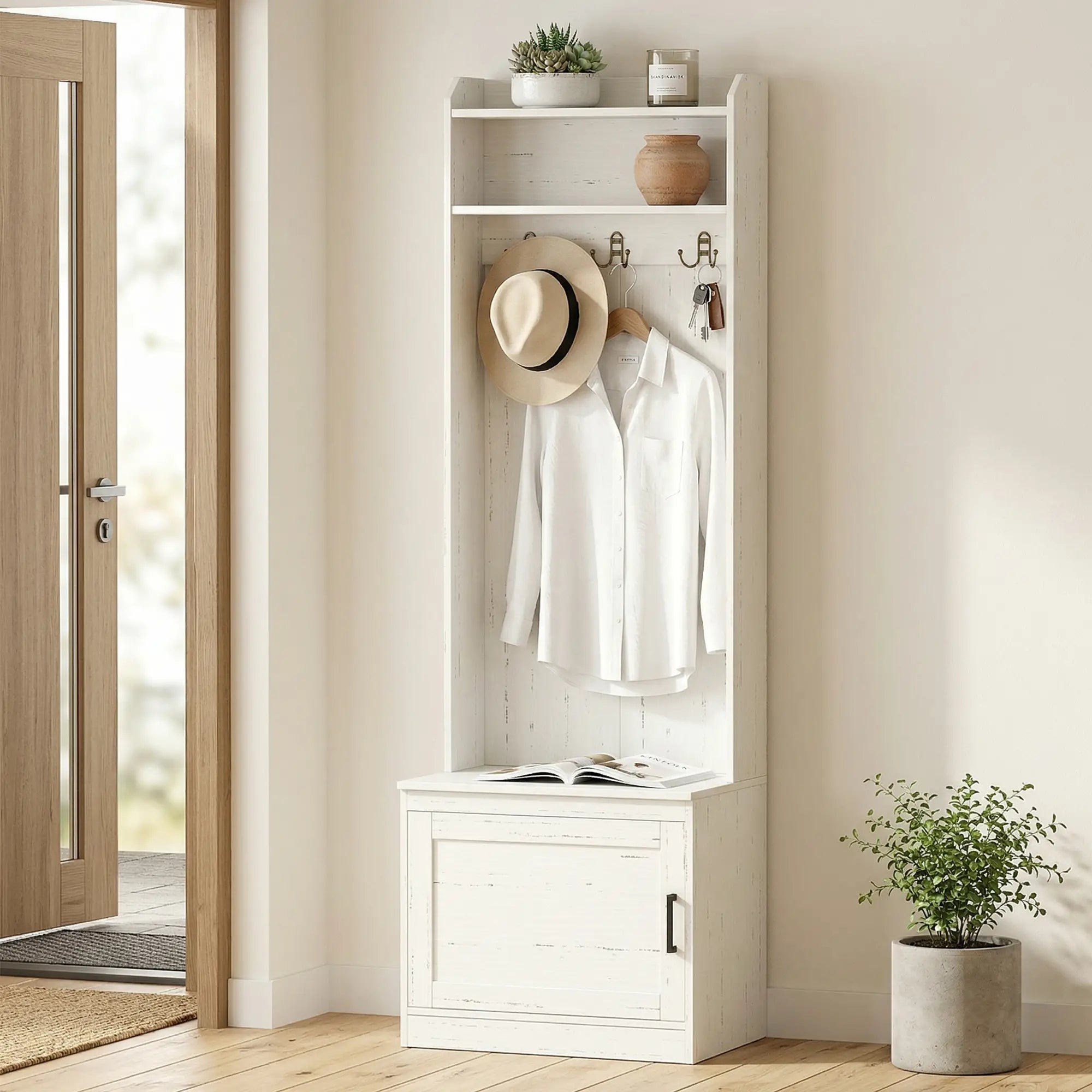 Rustic Hall Tree, Shoe Storage Bench, Coat Rack, Shelves, White Clothing Storage at Gallery Canada