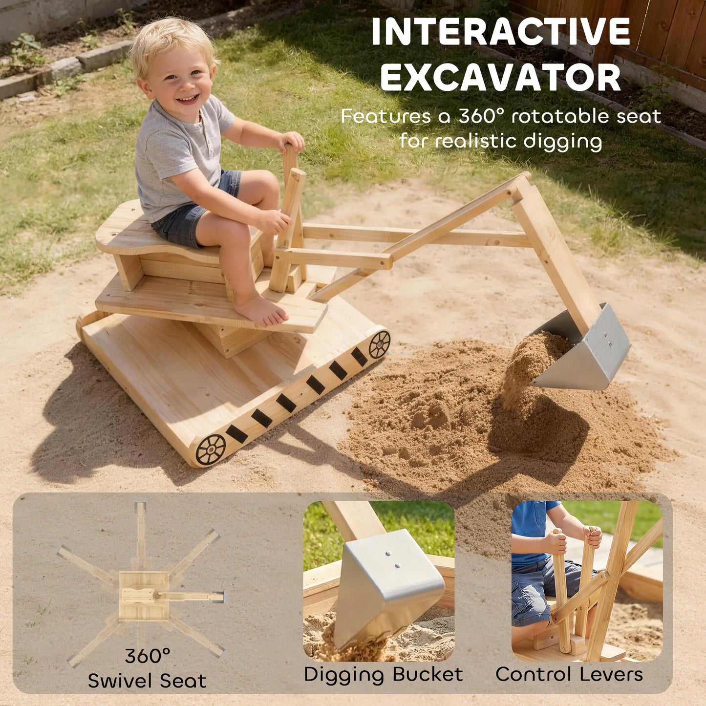 Wooden Sandbox With Digger, 72" X 35" X 22", 360° Rotating Seat Sandboxes & Accessories at Gallery Canada