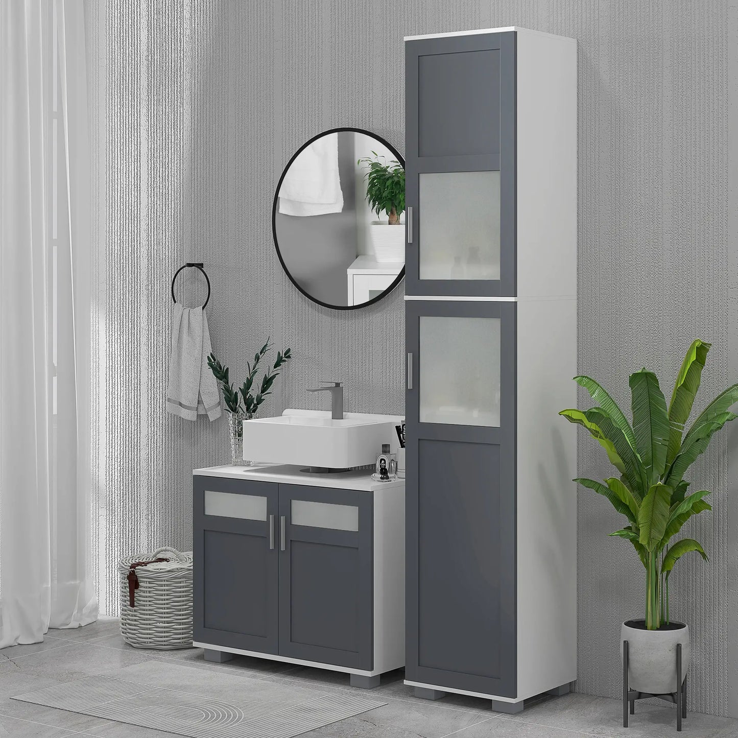 75" Tall Bathroom Storage Cabinet, Matte Glass Doors, 5-Tier Shelving, Grey, White Bathroom Cabinets at Gallery Canada