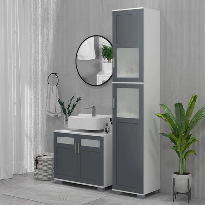75" Tall Bathroom Storage Cabinet, Matte Glass Doors, 5-Tier Shelving, Grey, White Bathroom Cabinets at Gallery Canada