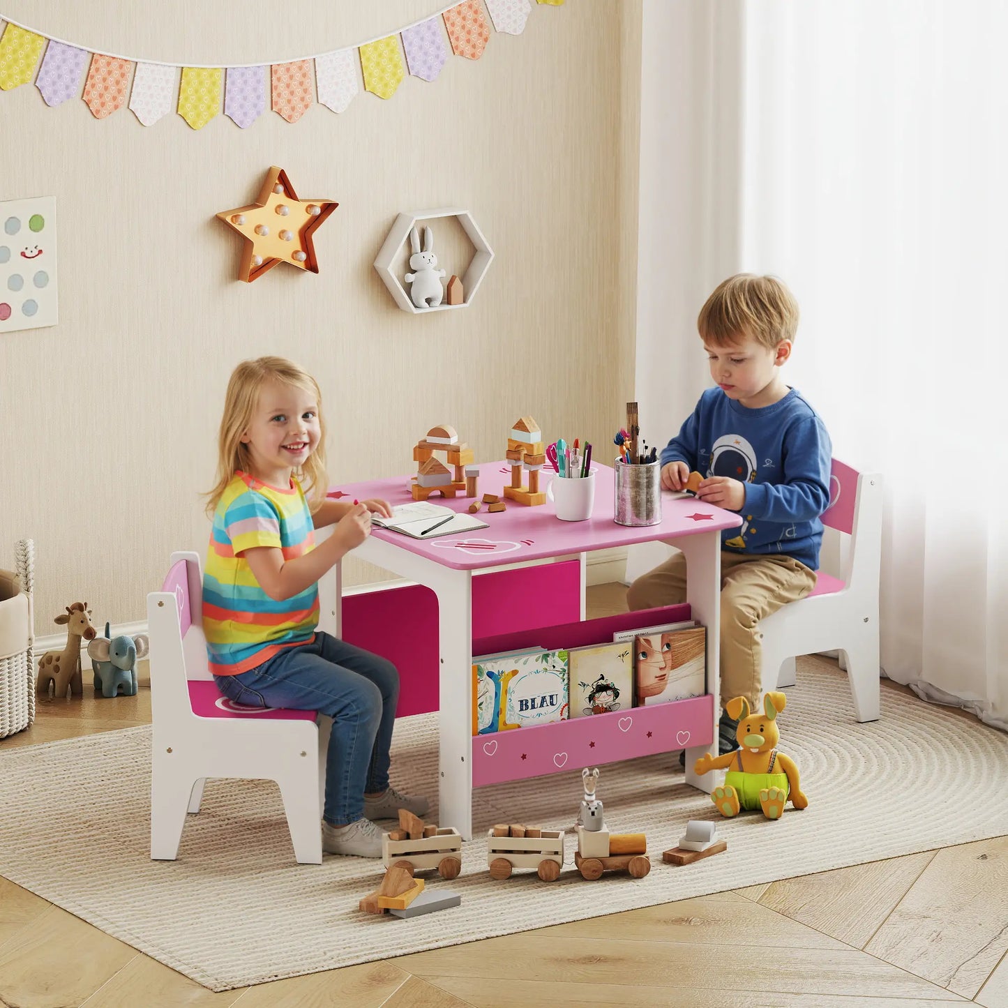 Kids Table Chair Set with Bookshelves, 3 Pieces, Pink Kids Table Sets at Gallery Canada