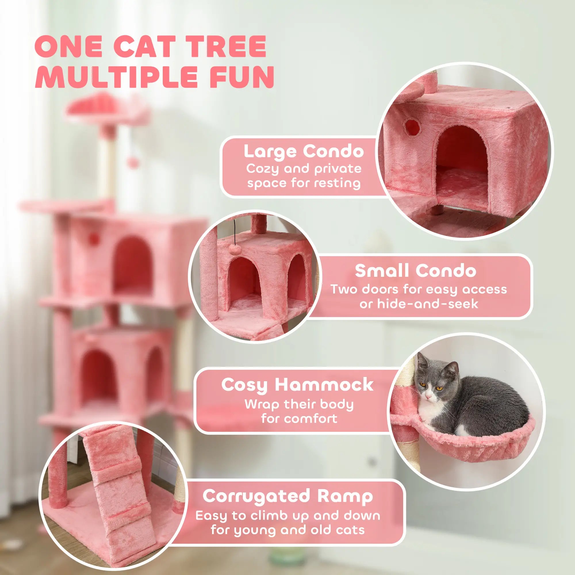 63 Inch Cat Tree with Sisal Posts, Condos, Perches, Hammock, Pink Cat Towers at Gallery Canada