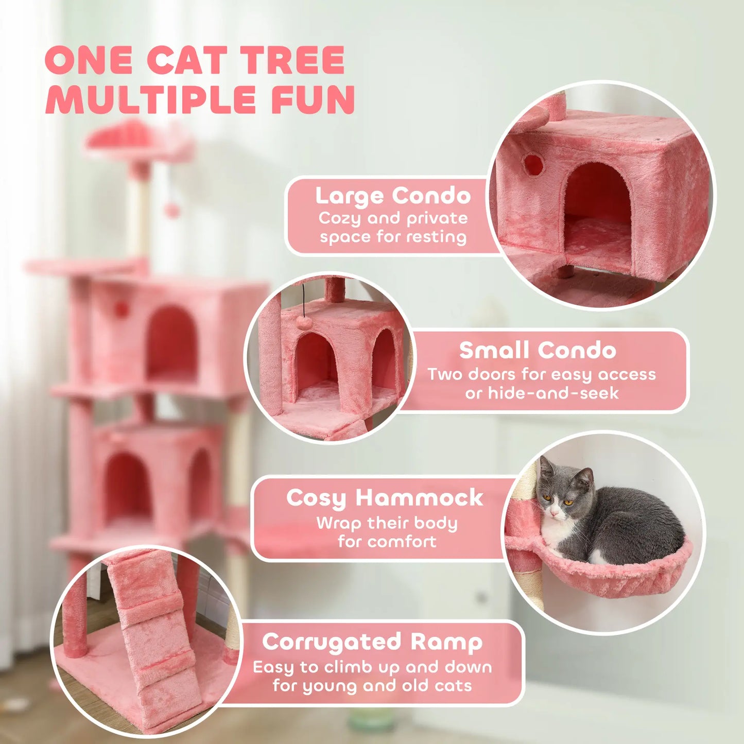 63 Inch Cat Tree with Sisal Posts, Condos, Perches, Hammock, Pink Cat Towers at Gallery Canada