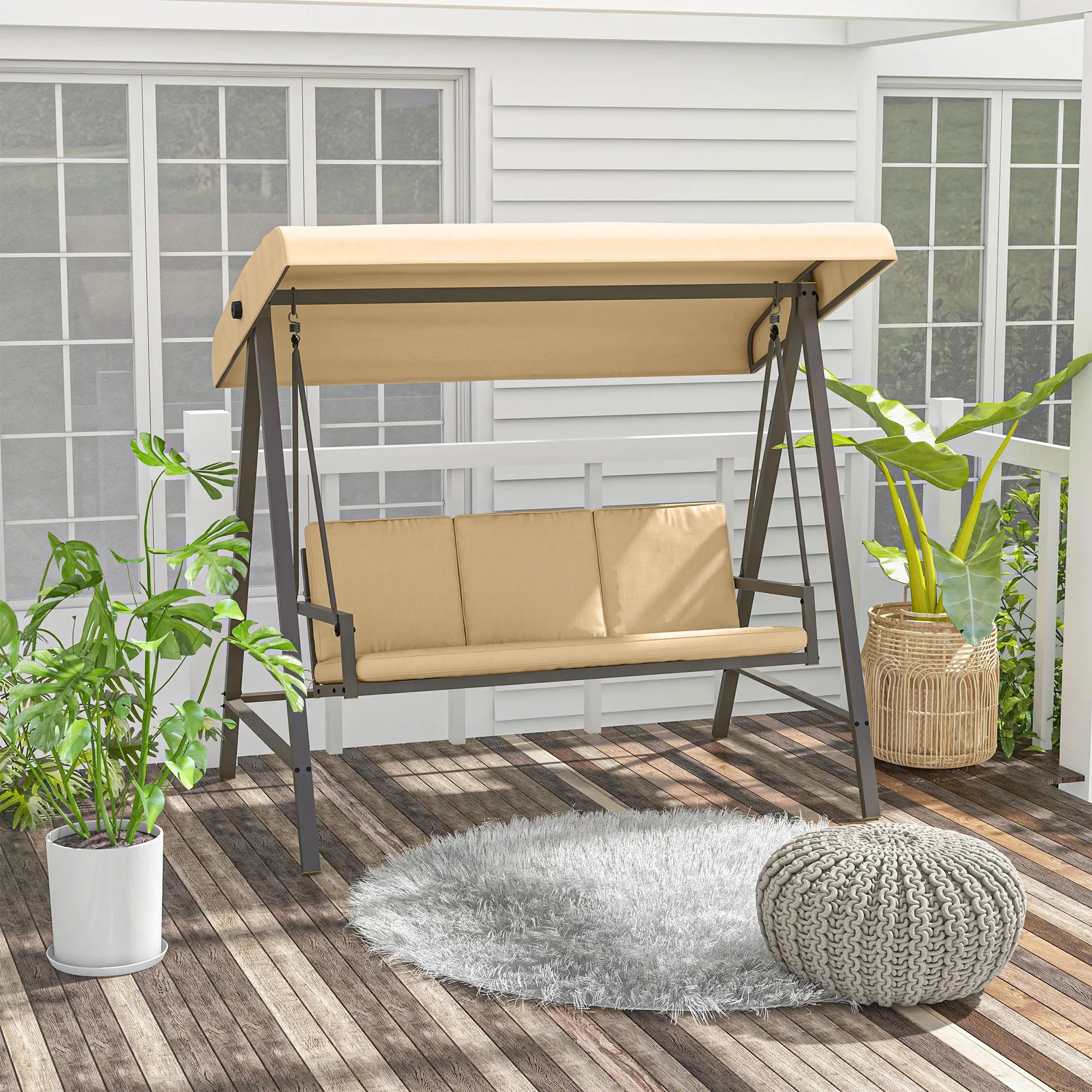 3 Seater Patio Swing Chair, Adjustable Canopy, Removable Cushions, Beige Patio Swings with Stand at Gallery Canada