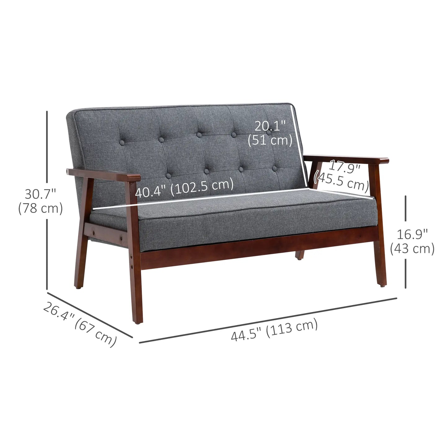 44.5" 2 Seat Sofa, Modern Upholstered Loveseat, Button Tufted Back, Wood Legs, Grey 2-Seater Sofas at Gallery Canada